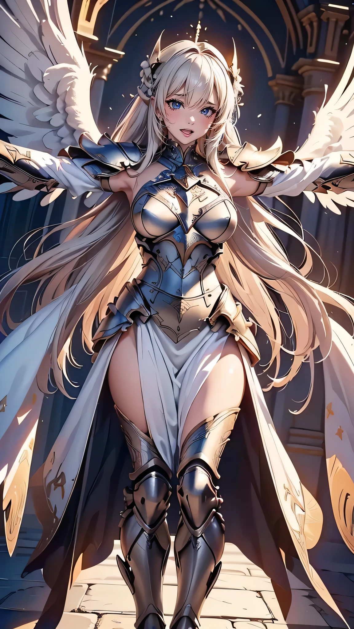 white Armor divided into upper and lower parts,angel,Limbs restrained with Vines,hand on the head,Raise your leg,open armor