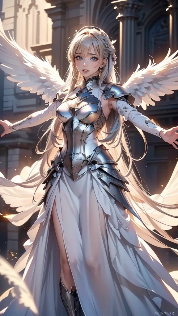 full body,from below,angel armor,Spread your arms and fly down from the sky,(random hairstyle),(Highest image quality,(8k),ultra-realistic,best quality, high quality, high definition, high quality texture,high detail,beautiful detailed,fine detailed,extremely detailed cg,detailed texture,a realistic representation of the face,masterpiece,Sense of presence)