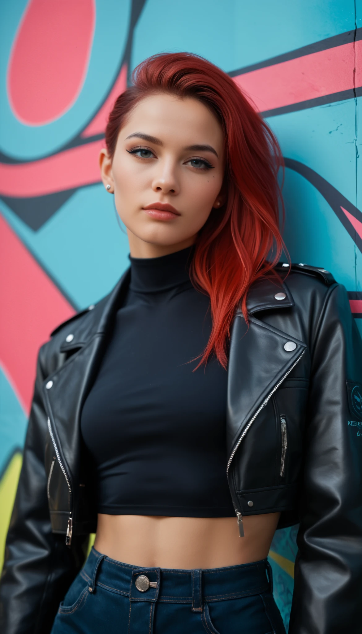  score_9_ up ,  score_8_ up ,  score_7_ up , Abstract,  1 girl, alone, Age 25,  PERFECT FACE IN DETAILS, Close view ,(adult), sexy,Red Hair, stares at viewers, leather jacket, black crop top,  cyberpunk, portrait photo, beautiful eyes, cowboy shot,  cyberpunk art, portrait,( background is an abstract graffitied wall:1.3), is written in depth
