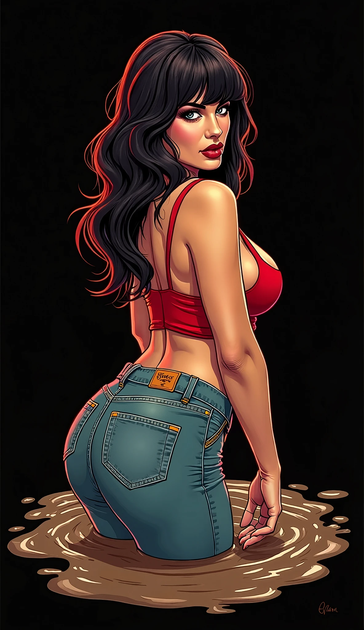 mulher, Cartoon style digital illustration GTA stylePele branca, olhos verdes, cabelo preto, Cabelo ondulado, cabelo liso, franja, Cabelo longo, cabelo ao vento, cemetery at night, Jeans apertado, blue jeans, botas pretas, top muito decotado, Topo branco, Parte superior transparente, jaqueta aberta, jaqueta preta, andando, Horror, decote, visible nipples, sorridente, looking at the camera, Red lips, athletic, Bats in the sky, Atmosfera assustadora, Tiro frontal.Cartoon style digital illustration GTA style