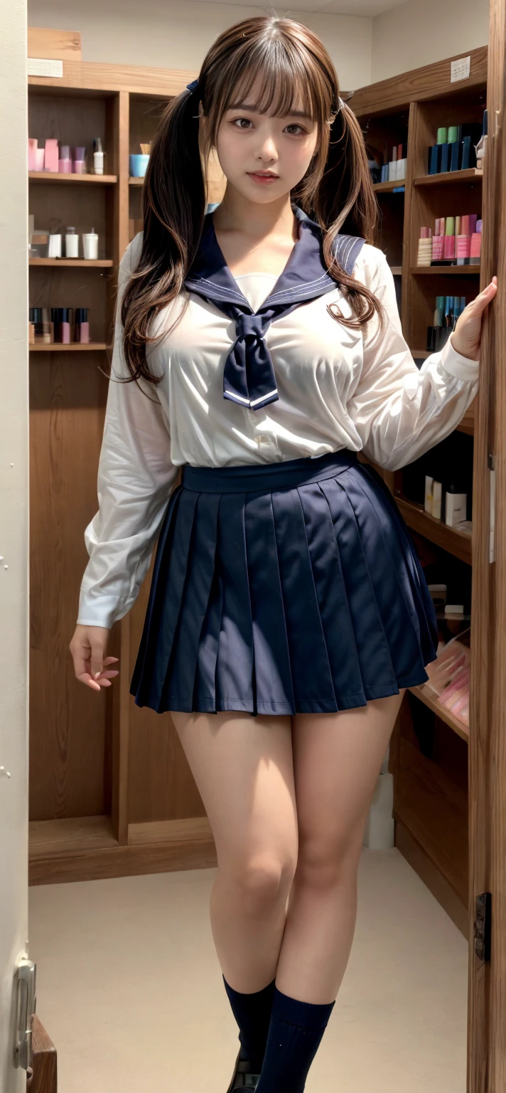 ((highest quality、8k、masterpiece:1.3)),(((((fullbody shot))))),Ultra-high resolution,big eyes,Japanese,forehead,bangs,(a girl),(1 girl),((20 years old)),((facing at viewer)),(long hair),(((black sailor uniform))),(grin),((standing)),(loafers),((pleated mini skirt)),(((pussy))),((skirt lift)),((indoors))