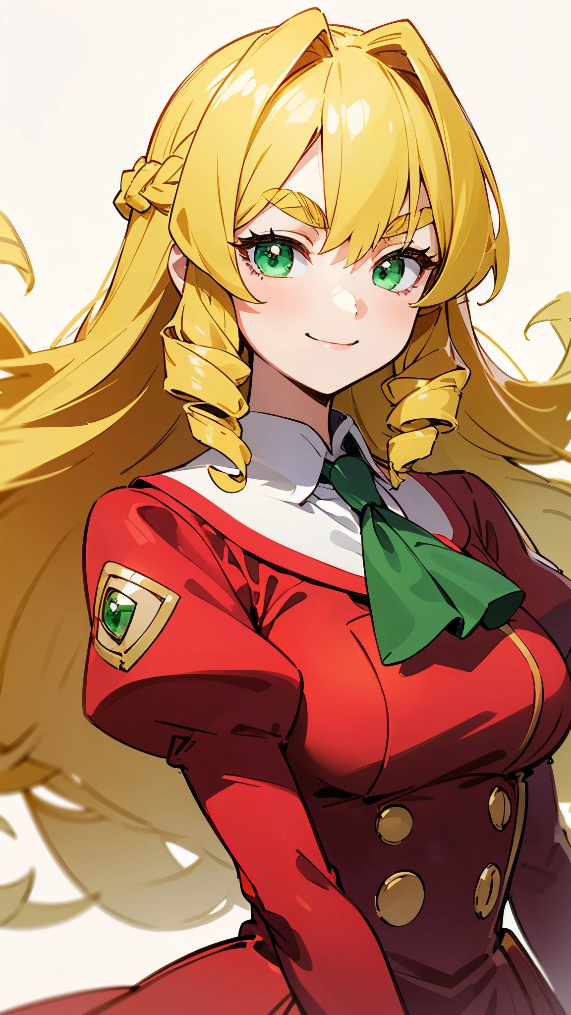 one girl 、solo、 Gold、 long hair、Vertical roll hairstyle 、 emerald eyes、 thick eyebrows、smile、Red dress style school uniform 、 upper body close-up 、 simple background