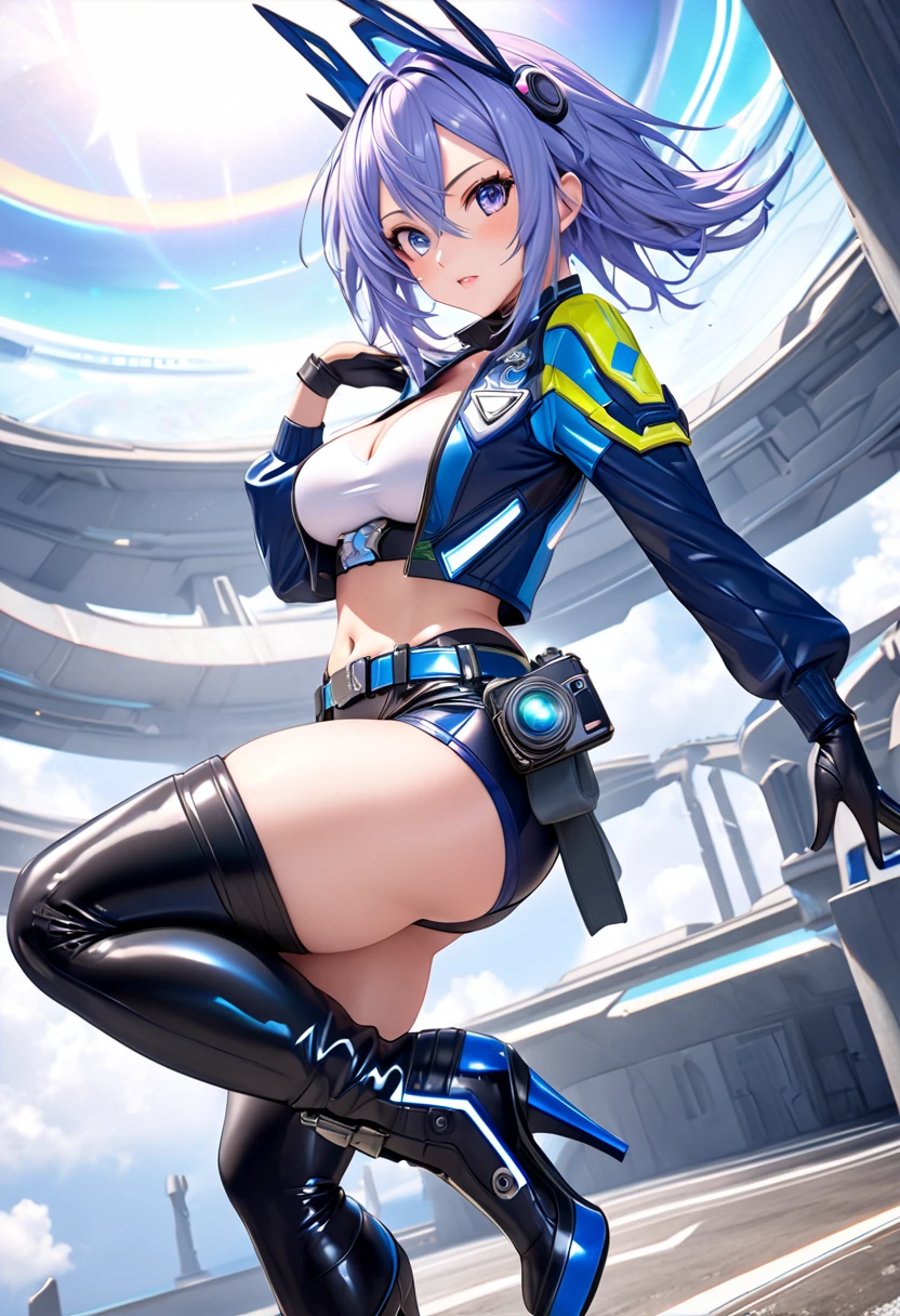 1girl, blue hair, large breasts, bunny ears, rabbit ears, wide hips, bodysuit, black bodysuit, short hair, very short hair, science-fiction, tech, futuristic, machinery, full body, ((full body)),