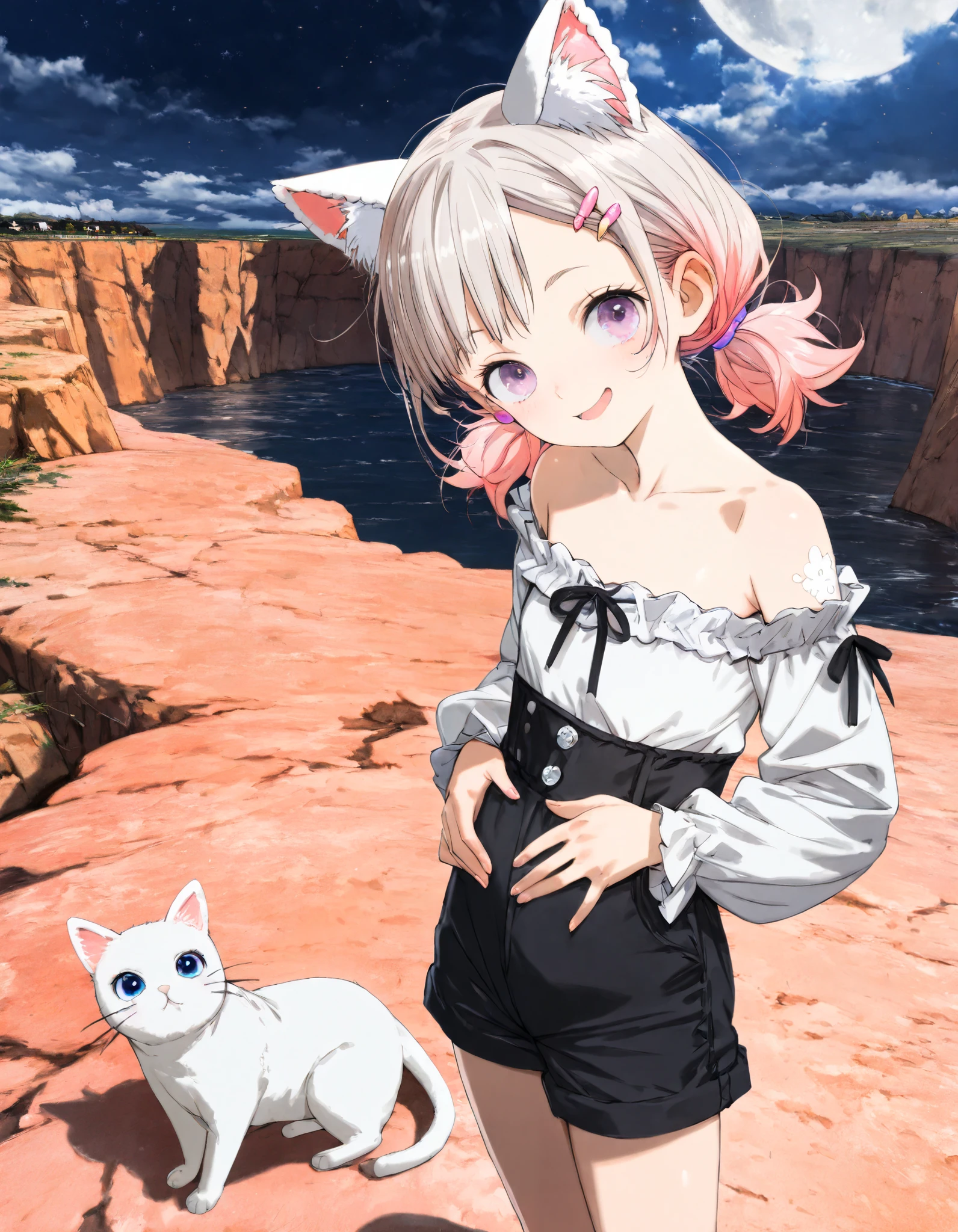 ((toi8 style)), ((Masterpiece)), ((best quality)), (8K), (detailed background:1.2), (super detail:1.2),(High Definition:1.3), (Professional Photography:1.2), (very aesthetic:1.2), (absurdres:1.2), (sharp focus), ((1girl)), e young Girl, (Textured skin), Big eyes, (pale purple eyes, gradient eyes looking at side), platinum-gold hair, (Asymmetrical bangs), gradient hair, (pink color Hair Tip), (short pigtails, low pigtails), (small breast, Healthy body), ((naughty smile)), open mouth, (cute cheeks), glossy lips, pouty lips, (lower eyelashes), (tilt head), (put on cat ears), Beautiful collarbones, BREAK, ((Off-shoulder white long sleeves, Cute ruffles, strapless)), black short pants, grabbing own stomach, (standing on the Beautiful Cliffs), outdoors, at midnight, moonlight,