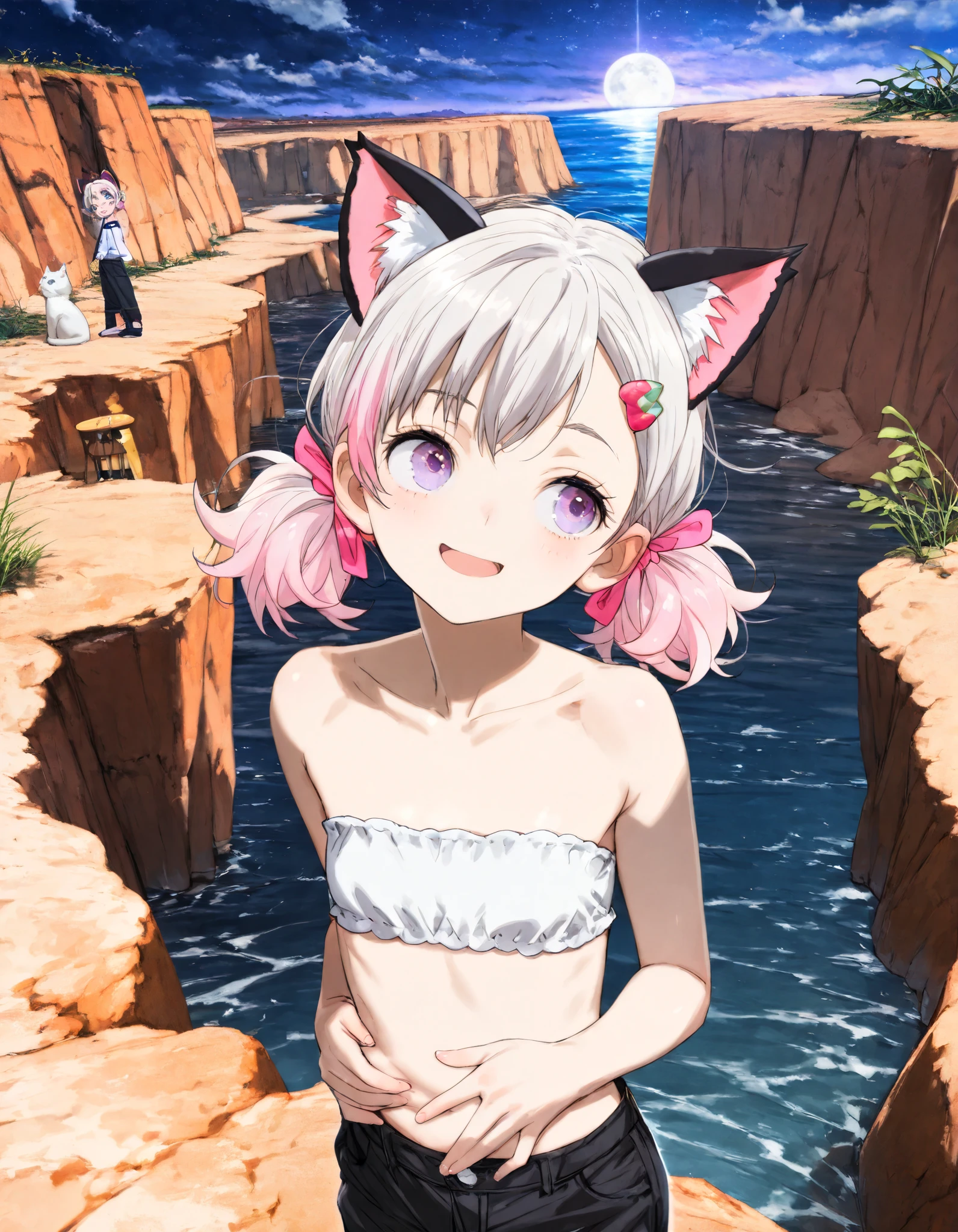 ((toi8 style)), ((Masterpiece)), ((best quality)), (8K), (detailed background:1.2), (super detail:1.2),(High Definition:1.3), (Professional Photography:1.2), (very aesthetic:1.2), (absurdres:1.2), (sharp focus), ((1girl)), e young Girl, (Textured skin), Big eyes, (pale purple eyes, gradient eyes looking at side), platinum-gold hair, (Asymmetrical bangs), gradient hair, (pink color Hair Tip), (short pigtails, low pigtails), (small breast, Healthy body), ((naughty smile)), open mouth, (cute cheeks), glossy lips, pouty lips, (lower eyelashes), (tilt head), (put on cat ears), Beautiful collarbones, BREAK, ((white tubetop, Cute ruffles, strapless)), black short pants, grabbing own stomach, (standing on the Beautiful Cliffs), outdoors, at midnight, moonlight,
