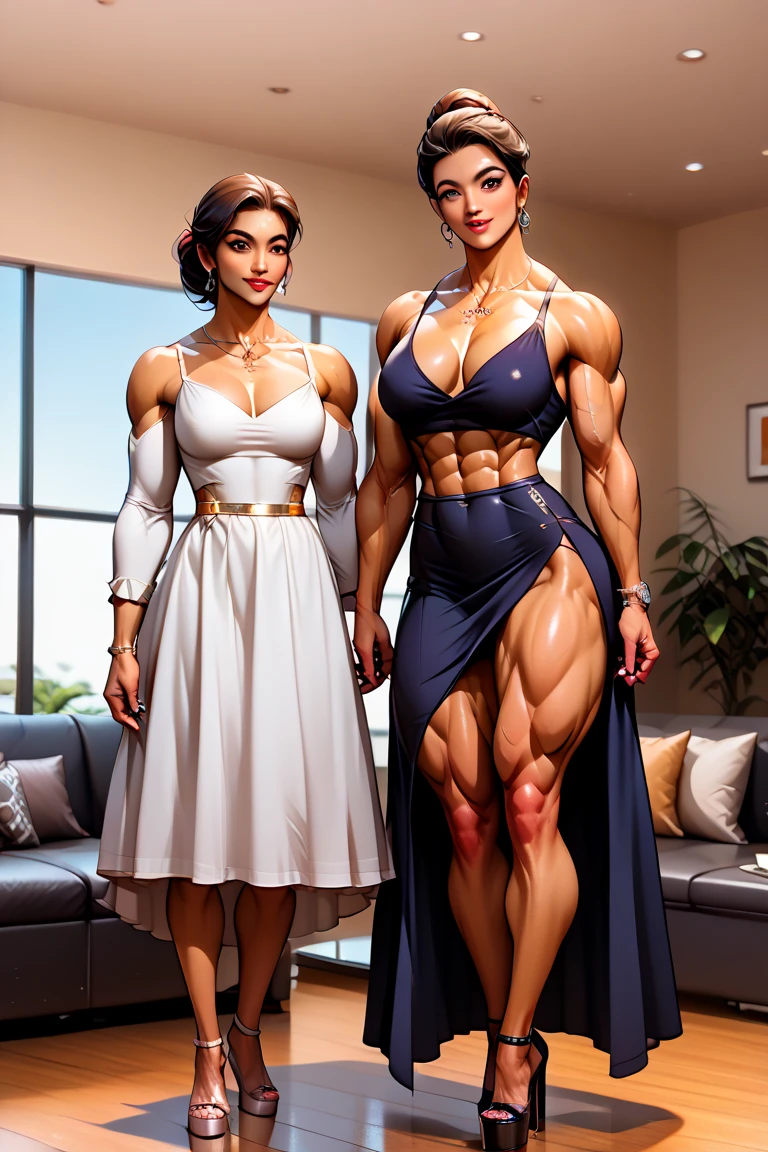 Full body view, very tall female bodybuilder stands next to short gentle and  woman. Perfect and flawless muscle definition. ultra massive bulging musculature, No body fat. She wears elegant evening dress. Feminine friendly face, soft smile, pale skin, long wavy brunette hair