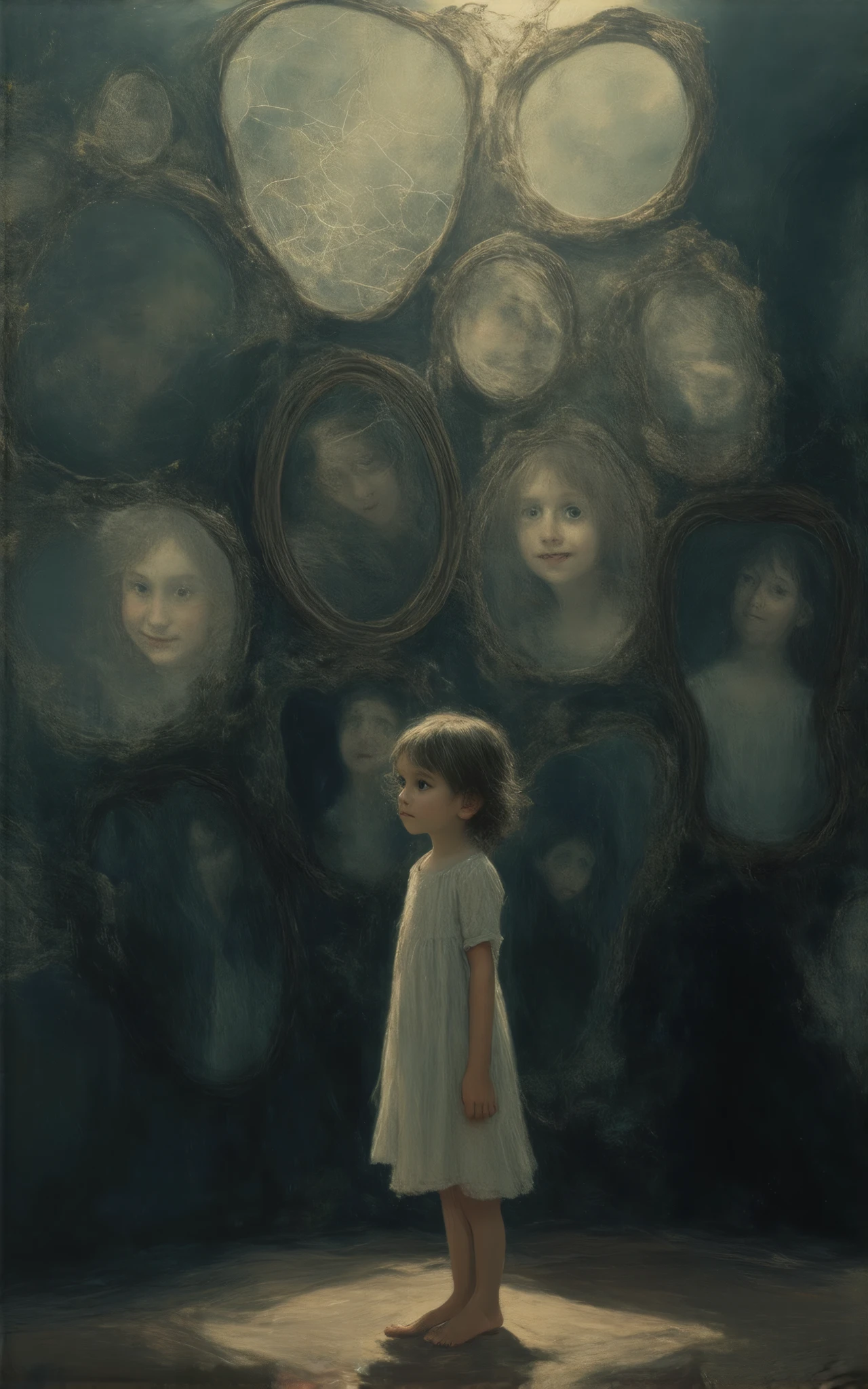 Metaphorical Card
In the center of a dimly lit room filled with mirrors of various shapes and sizes stands a girl. She is barefoot, wearing a light, flowing dress, her large eyes filled with wonder and quiet contemplation. In each mirror, her reflection appears slightly different—some smiling, some solemn, while the cracked mirrors distort her image, as if fragments of her story are scattered through time.
The room is bathed in a soft, diffused light that seems to flow from an unseen source, creating a sense of warmth and mystery. Some mirrors shine with pure, clear glass, reflecting her true self, while others hold shadows of doubt and dreams yet to unfold. The atmosphere is filled with enchantment, as though this space exists between worlds, offering glimpses of self-discovery to those who dare to look closely.
At the bottom of the card, an elegant inscription reads: "Reflection."