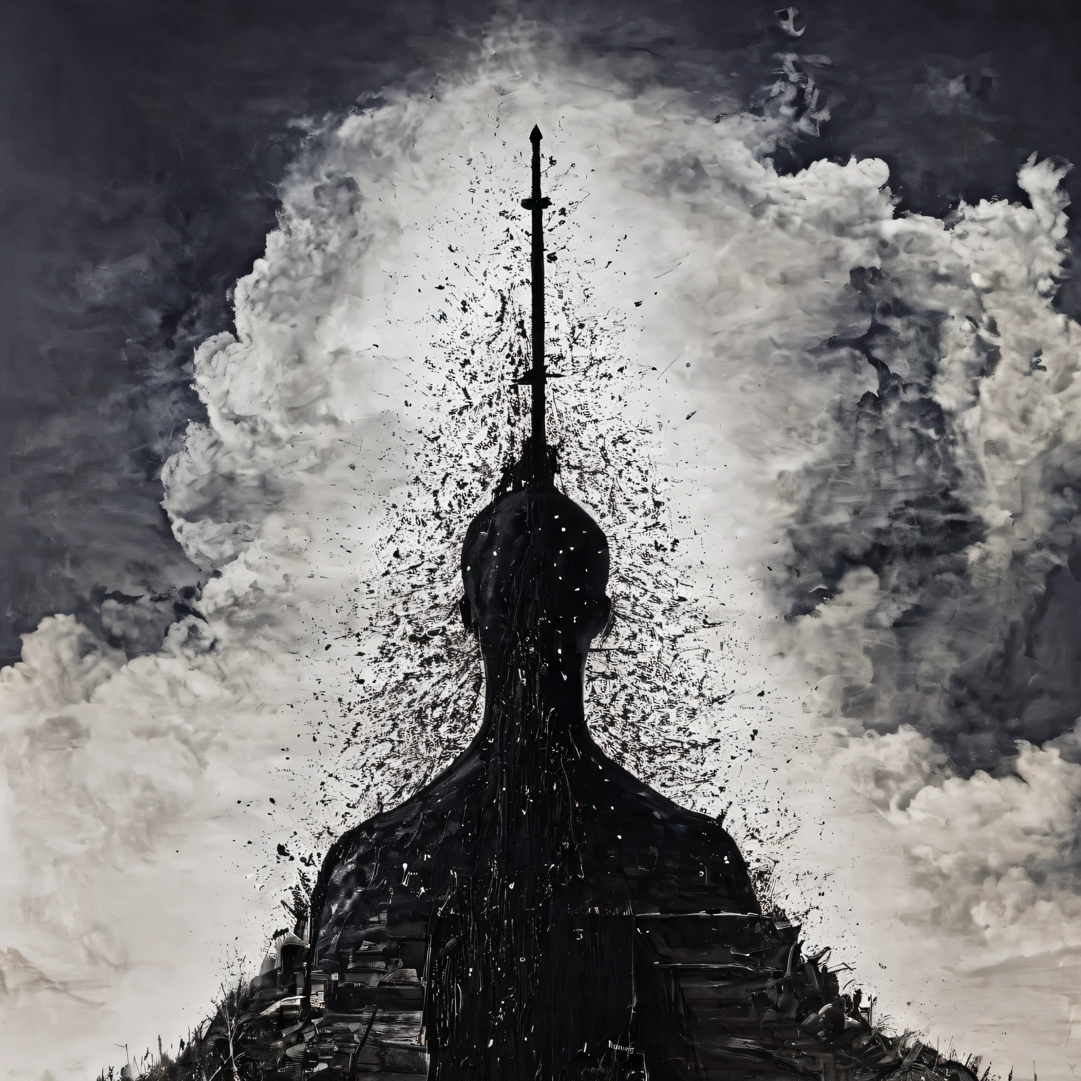 balck blood, religious, art, black ink , silhouette, gorgeous, myth, cathedral, white and black ink marks, sky , hell, white dot on eyes, cloud, complex background 