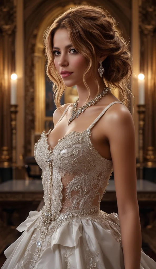 A delicate beautiful, sensual, woman, full body view, D cup breasts, with short pink hair styled in a loose bun adorned with flowers, wearing a black and white lace dress with intricate details. The lighting highlights her ethereal beauty and the intricate lace of her dress. The woman pose is elegant, with one hand gently touching her face and a soft, dreamy expression. The overall image has a magical, enchanting atmosphere with vibrant colors and fine details. (Distant full body view:1.8), (View from side:1.5), Hyper realistic photo, vibrant colors, 16k