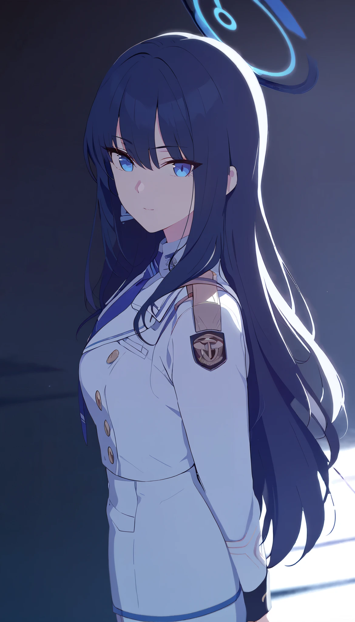 masterpiece, best quality, solo, 1girl, mature, dark blue hair, long hair, cerulean blue eye, blue halo, white uniform, blue tie, standing, looking at viewer, calm, composed, black background only
