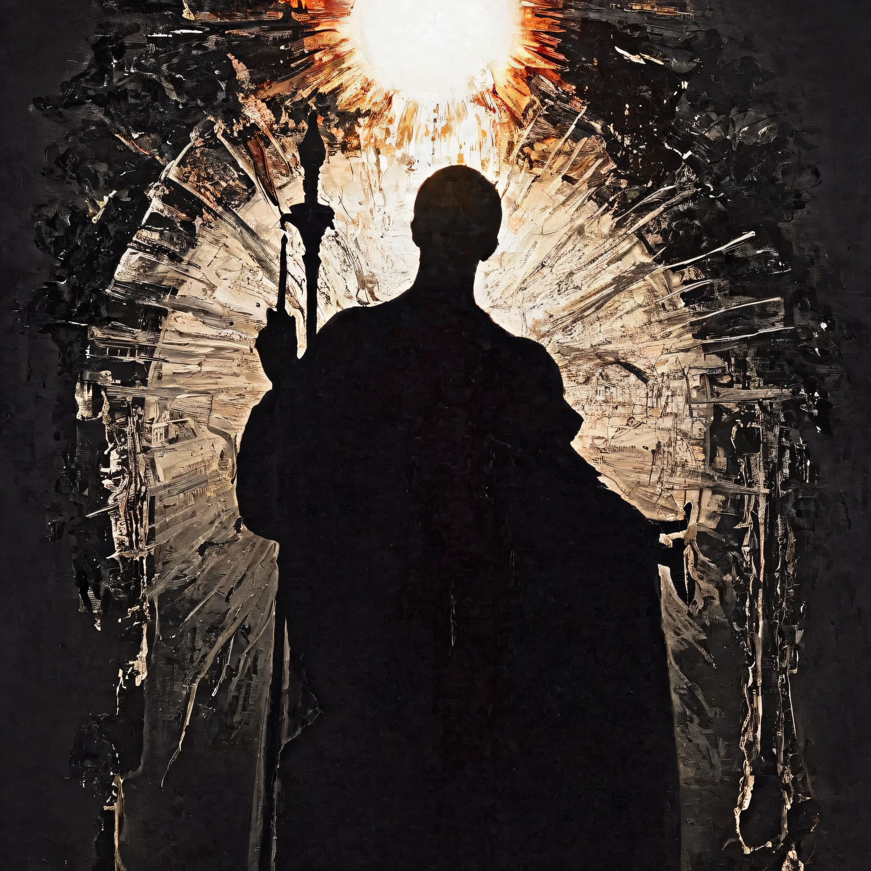 balck blood, religious, art, black ink , silhouette, gorgeous, myth, cathedral, white and black ink marks, sun, hell