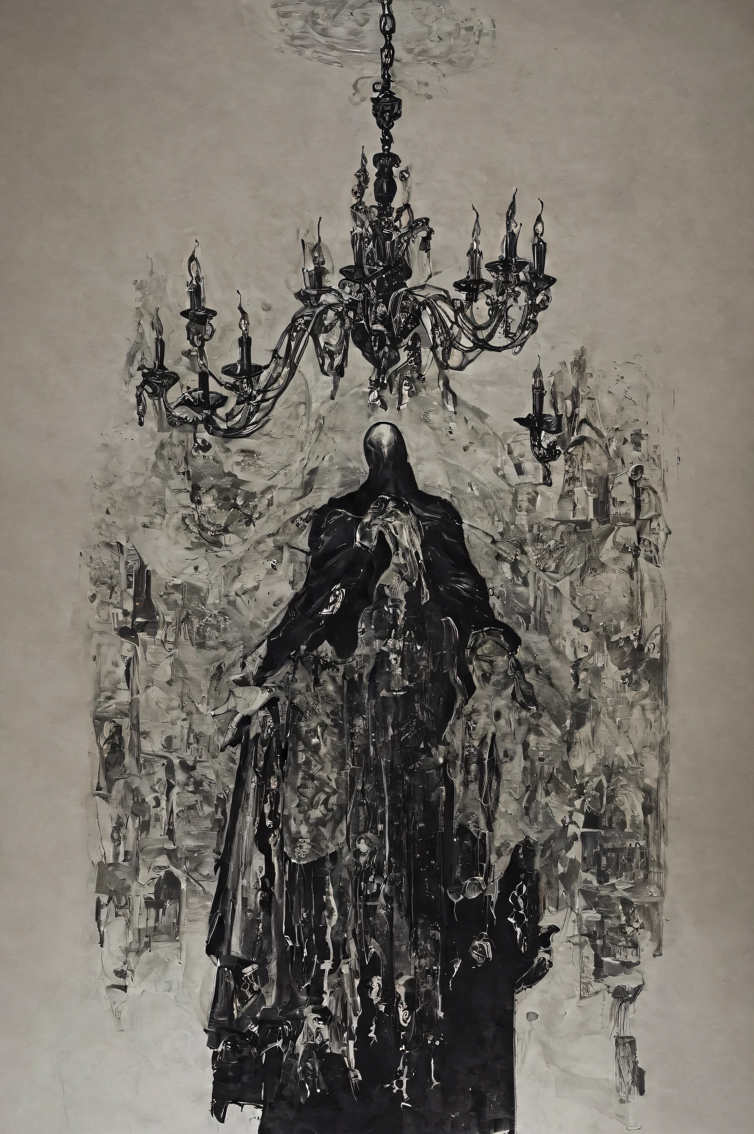 Vampire, balck blood, Oblique perspective angle, chandelier, tatoo, religious, art, black ink, necromancer