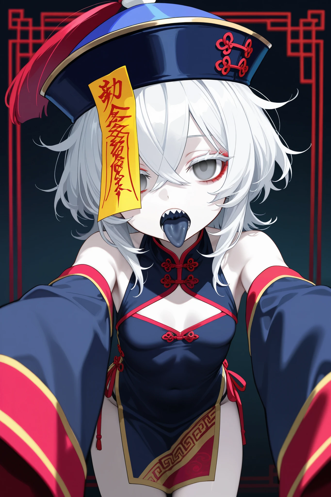 Chinese clothes, detatched sleeves, bare shoulders, hat, jiangshi, long sleeves, sleeves past fingers, very long sleeves, ofuda, qingdai guanmao, {medium hair}, white hair, crossed bangs, pale skin, dark blue tongue, white eyelashes, grey eyes, empty eyes, sharp teeth, tongue out, big mouth, mouth open, emotionless, small breasts, messy hair, looking at viewer, imminent bite, arms forward, outstretched arms, red eyeshadow