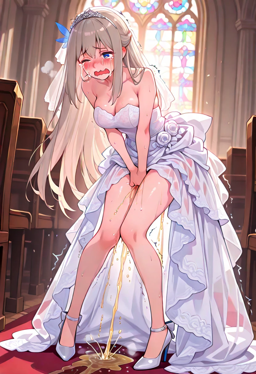 nsfw,uncensored,(super fine illustration,8K CG wallpaper,best quality,extremely detailed,ultra high res,best aesthetic),(cowboy shot,from front),1girl ,idolmaster, ((yukimi sajou)), (12yo,beautiful girl),((((beautiful dark orange eyes)))),(((beautiful dark blue hair))), (((midium straight hair)))),(((Blunt bangs))),(wet skin),(sweat),(steam),((flat chests,very small breasts)),((mini)),(petit)),(gorgeous wedding dress:1.5),(wedding veil, white corset, white lace legwear, nipple, white wedding grove:1.3), ,(open clothes),(wet clothes),(first round),half-closed eyes, orgasm face, O-face, blush cheeks, arched back, (vaginal penis:1.2), (a Faceless male), ,(((carrying sex))),hetero, man in below, (intense Sex:1.7), (cum out:1.2),(red carpet),(((multiple boys, peeing on a girl,multiple penises, gangbang, holding penis))),((ecstasy torogao, saliva trail, nose blush,one eye closed,out tongue)),cleavage of the breast,happy,((smile:1.9),((cum on body:1.9)),((cum on face:1.9)),((cum on hair:1.9)),(Bukkake, cum in mouths:1.3),(vulgarity),((wedding chapel:1.5)), (indoor, church, many stained glass window),look at viewer,