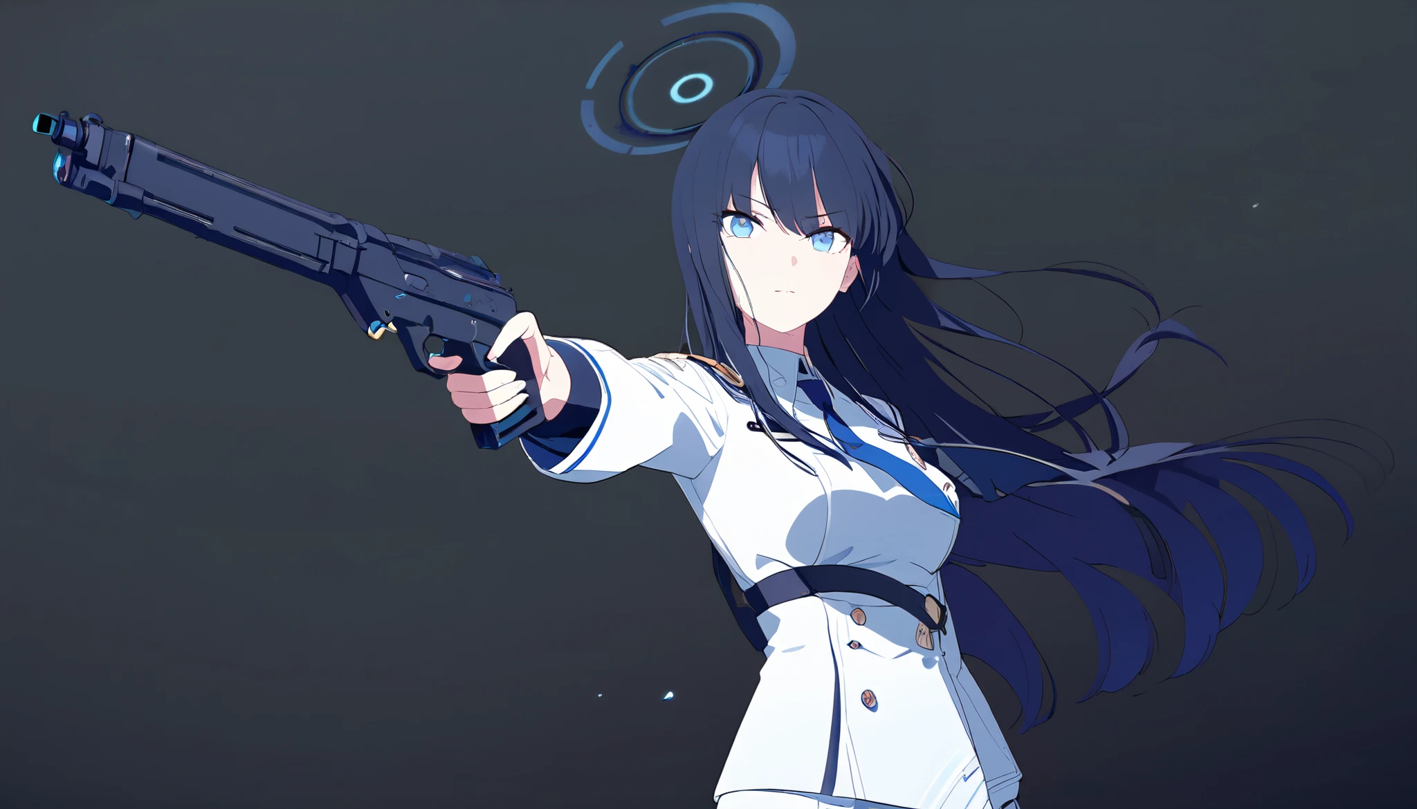 masterpiece, best quality, solo, 1girl, mature, dark blue hair, long hair, cerulean blue eye, blue halo, white uniform, blue tie, standing, looking at viewer, calm, composed, directing a gun, black background only