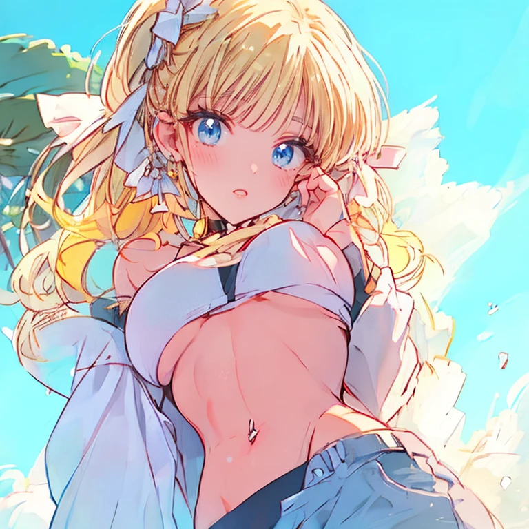 (best quality,highres:1.2),ultra-detailed,realistic,photorealistic:1.37,a beautiful girl (Mavis Vermillion from Fairy Tail) model in a pop style,16 years old,long legs,medium breasts,extremely detailed face (with emphasis on azure eyes),Her white pepel-colored hair falls to her shoulders.She is dressed in short blue denim shorts and a short top (very shabby and torn in places),),bent down, lifting her ass to the top,more sexy pose,illustration,colorful pop art style,dynamic lighting,neon colors,sunglasses on head.Nsfw