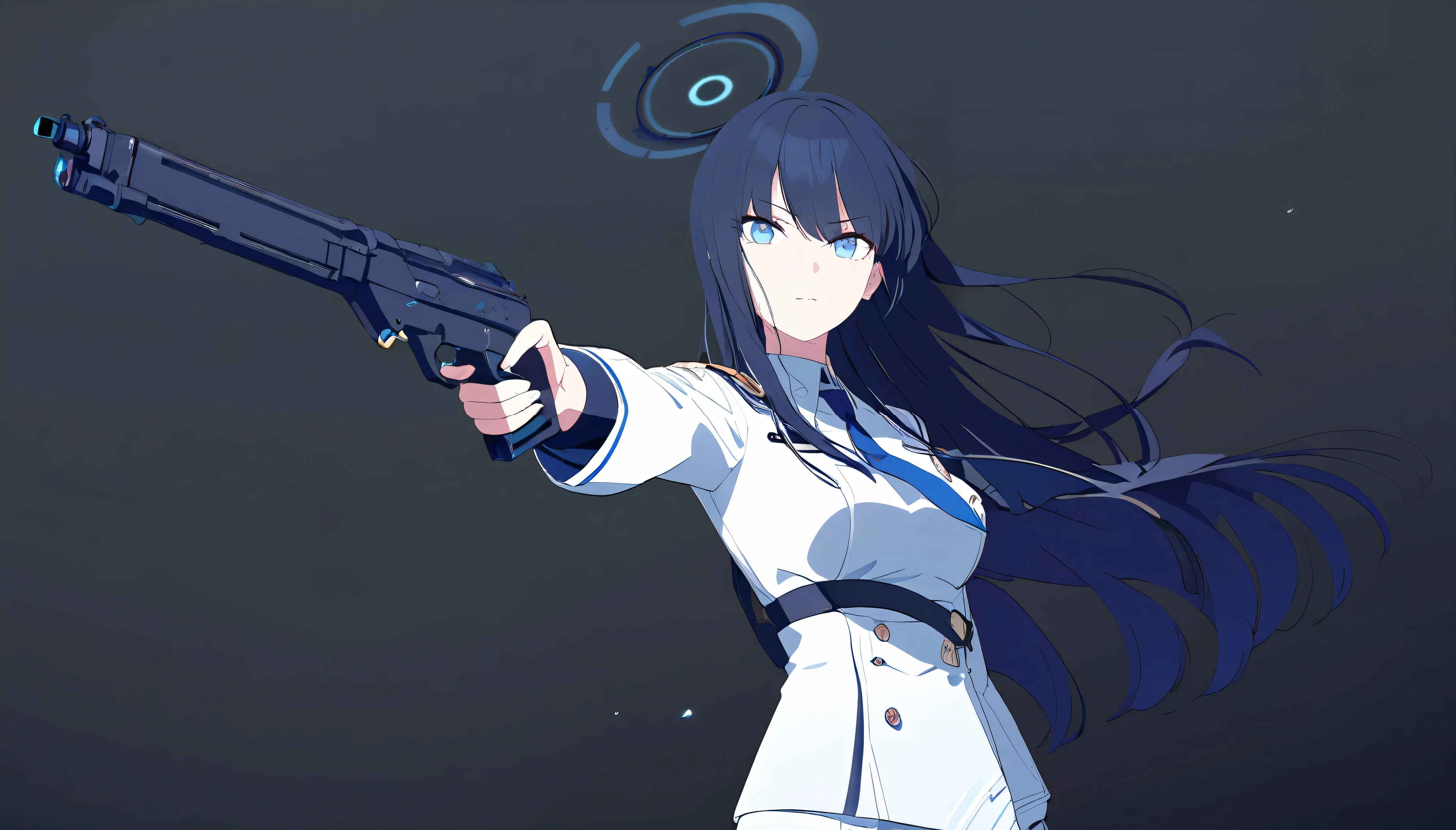 masterpiece, best quality, solo, 1girl, mature, dark blue hair, long hair, cerulean blue eye, blue halo, white uniform, blue tie, standing, looking at viewer, calm, composed, directing a gun, black background only