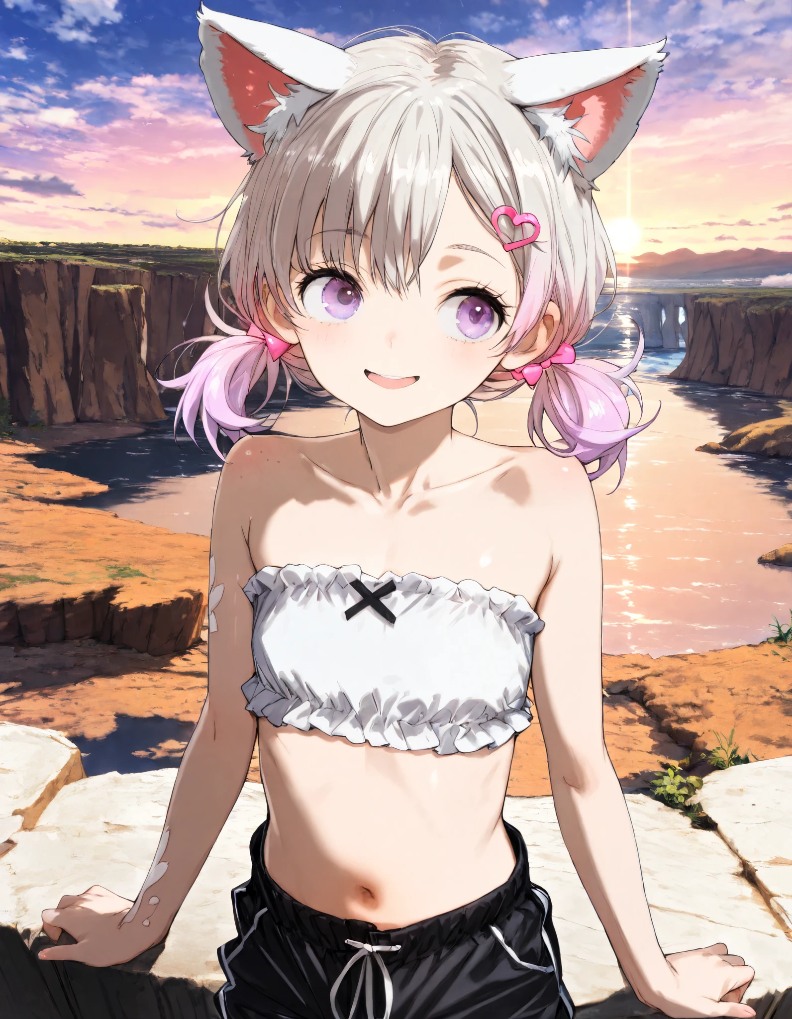((toi8 style)), ((Masterpiece)), ((best quality)), (8K), (detailed background:1.2), (super detail:1.2),(High Definition:1.3), (Professional Photography:1.2), (very aesthetic:1.2), (absurdres:1.2), (sharp focus), ((1girl)), young Girl, (Textured skin), Big eyes, (pale purple eyes, gradient eyes, looking at side), platinum-gold hair, (Asymmetrical bangs), gradient hair, (pink color Hair Tip), (short pigtails, low pigtails), (small breast, Healthy body), ((naughty smile)), open mouth, (cute cheeks), glossy lips, pouty lips, (lower eyelashes), (tilt head), (put on cat ears), Beautiful collarbones, BREAK, ((white tubetop, Cute ruffles, strapless)), black short pants, (slightly fingers in pants), (standing on the Beautiful Cliffs), outdoors, beautiful sunrise,