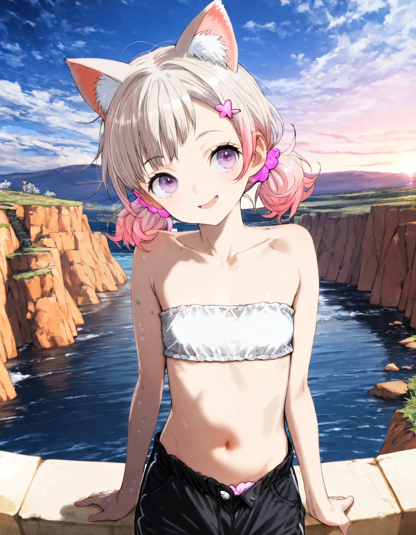 ((toi8 style)), ((Masterpiece)), ((best quality)), (8K), (detailed background:1.2), (super detail:1.2),(High Definition:1.3), (Professional Photography:1.2), (very aesthetic:1.2), (absurdres:1.2), (sharp focus), ((1girl)), e young Girl, (Textured skin), Big eyes, (pale purple eyes, gradient eyes, looking at side), platinum-gold hair, (Asymmetrical bangs), gradient hair, (pink color Hair Tip), (short pigtails, low pigtails), (small breast, Healthy body), ((naughty smile)), open mouth, (cute cheeks), glossy lips, pouty lips, (lower eyelashes), (tilt head), (put on cat ears), Beautiful collarbones, BREAK, ((white tubetop, Cute ruffles, strapless)), black short pants, (hand in pants), (standing on the Beautiful Cliffs), outdoors, beautiful sunrise,