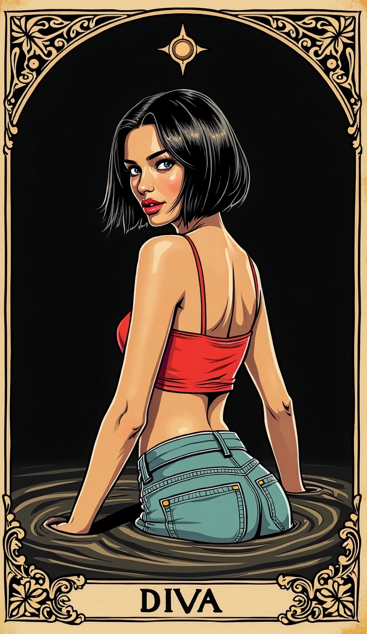 Lexa Doig, red camisole,  white panties, short bobcut black hair with red streaks