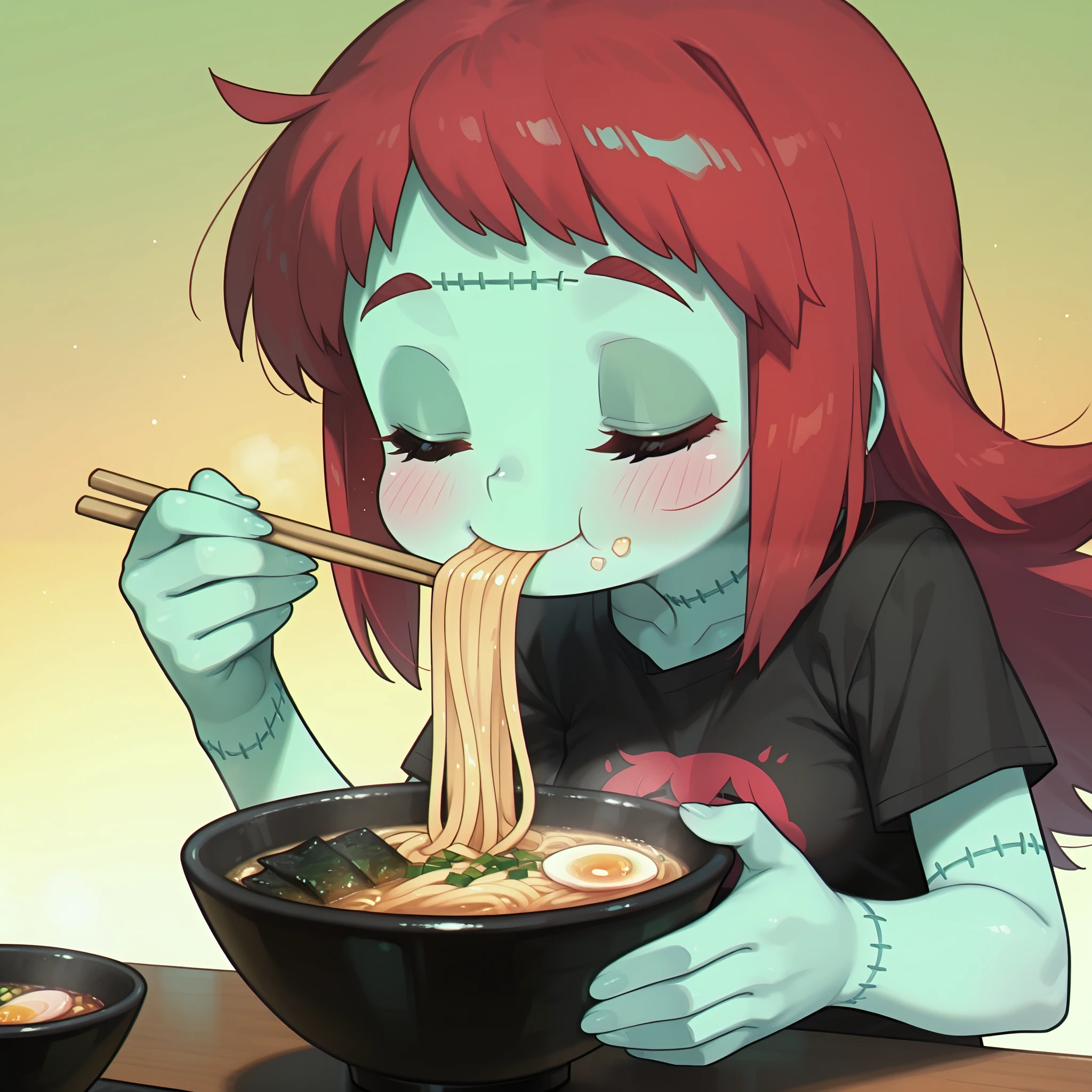 masterpiece, best quality, amazing quality, Aesthetic Anime. BREAK. 1girl, food, solo, noodles, chopsticks, eating, closed eyes, spoon, colored skin, shirt, green skin, long hair, ramen, t-shirt, bowl, holding chopsticks, holding, stitches, holding spoon, smile, blush, gradient background, upper body, short sleeves, zombie, red hair, black shirt