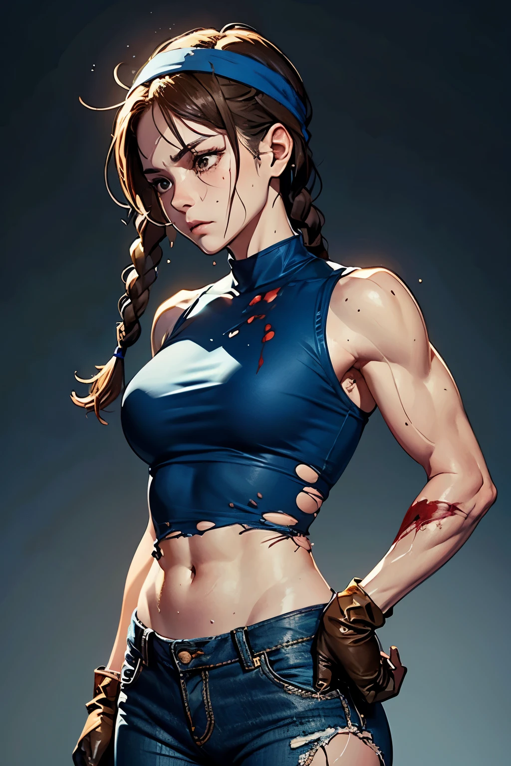 (mature:1.5)woman, small chest, Black hair, crew cut, cotton bandage wrapped around chest, prison pants, bandaged fists, scars over upper body, bloody fists, shock collar, cyan eyes, fighting stance
