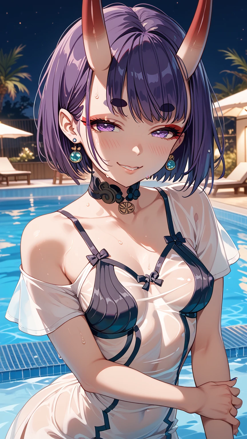 (best quality, ultra-detailed, photorealistic: 1.39), bright and vibrant colors, studio lighting, romantic expression, An effeminate girl, with a delicate and beautiful face. Beautiful and adult gothic woman with her gothic dark purple hair, short hair matches the gothic makeup, her green eyes and mischievous smile, with her large seductive breasts, cleavage, Punk style hair, bangs, wearing black bikini chain on wrist and neck, goth. She have a horny face, like a manwha character, chain details,, walking in leaning pose in the near the pool at dark night with moonlight, makes mischievous pose, seductive cleavage, manga style, anime features manga style, fully body, anime style