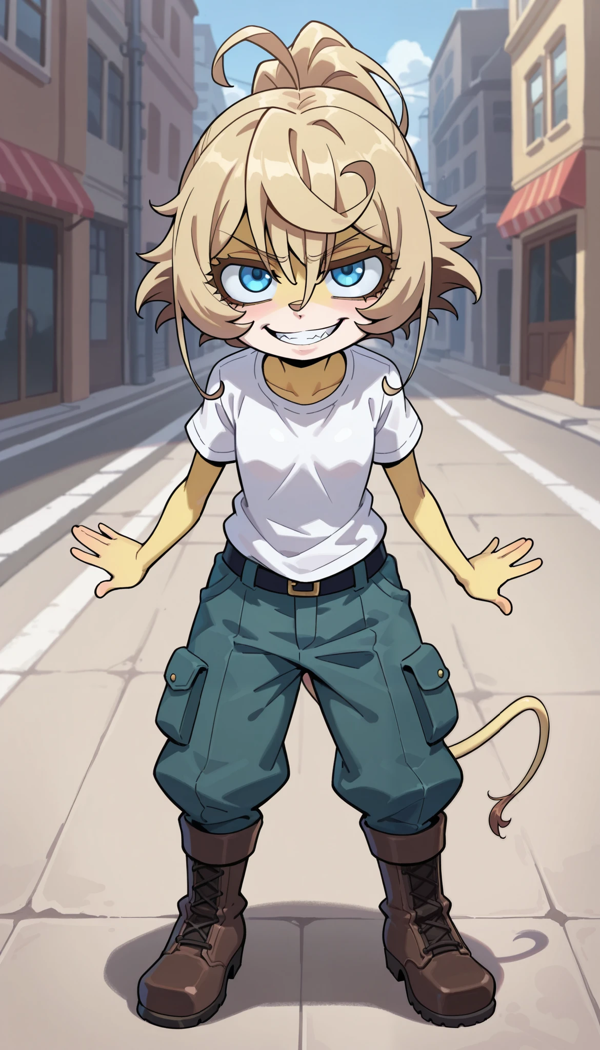 score_9, score_8_up, score_7_up, 1girl, solo, masterpiece, best quality, amazing quality, very aesthetic, absurdres, source furry, mobian lioness, blue eyes, yellow body fur, (brown hair, Tanya Degurechaff hairstyle, messy spiky ponytail), looking at viewer, smile, oily skin, eyeshadows, (short body, tiny body), big head, closeup, ((white t-shirt, blue cargo pants, military boots)), full body, small breasts, lioness features, lioness tail, street on background, evil smile,