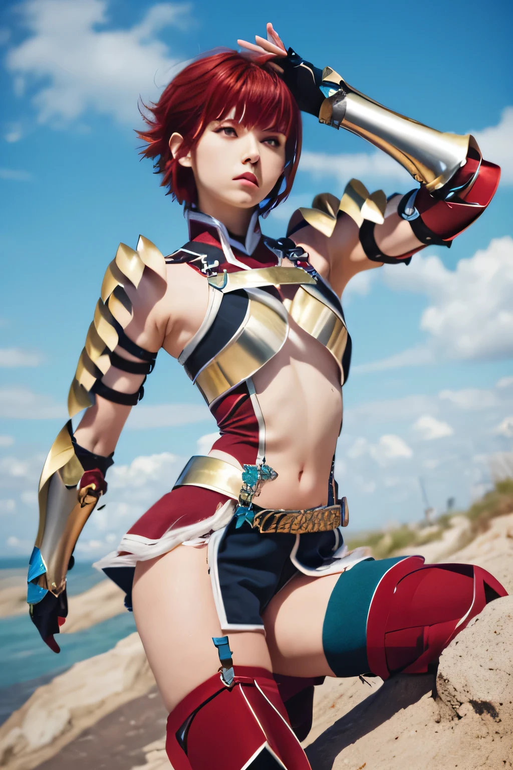 perfect anatomy top quality, highest resolution,(((Metallic Outfit Shiny red hair Shiny Shoulder Armor Shiny Gauntlets short hair red eyes shiny skin Shiny Thigh-High Boots ))) Hinoka