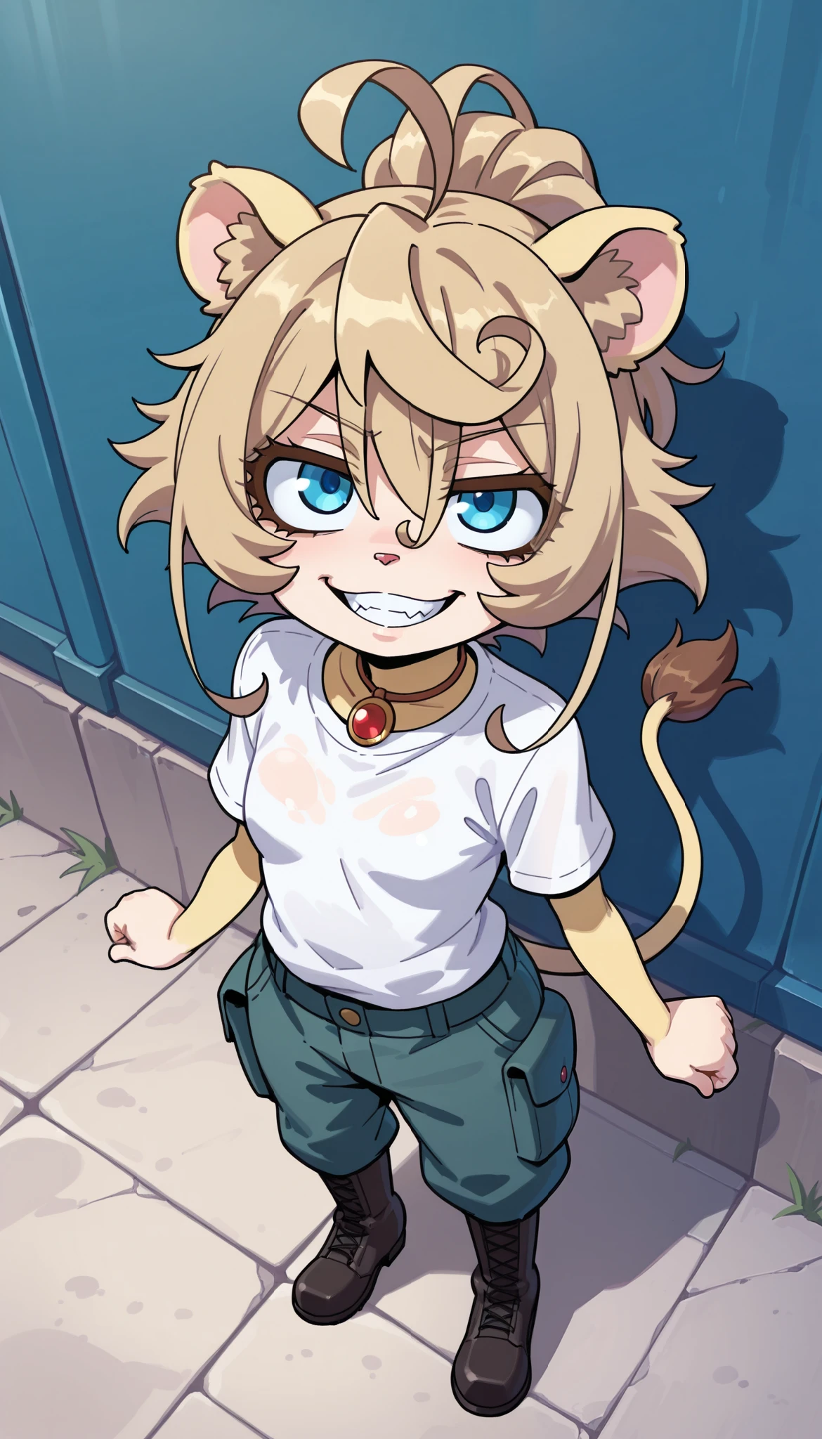 score_9, score_8_up, score_7_up, 1girl, solo, masterpiece, best quality, amazing quality, very aesthetic, absurdres, source furry, mobian lion, blue eyes, yellow body fur, (brown hair, Tanya Degurechaff hairstyle, messy spiky ponytail), looking at viewer, smile, oily skin, eyeshadows, (short body, tiny body), big head, closeup, ((white t-shirt, blue cargo pants, military boots)), full body, small breasts, lion features, lion tail, street on background, evil smile, lion ears,