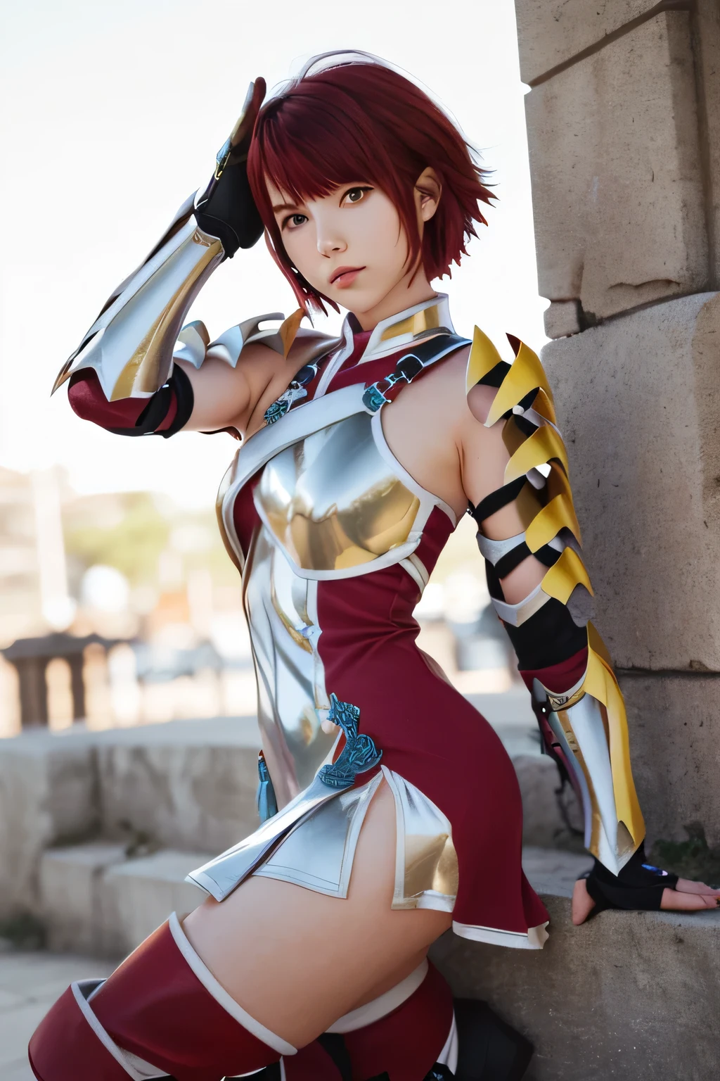perfect anatomy top quality, highest resolution,(((shiny short dress Shiny red hair Shiny Shoulder Armor Shiny Gauntlets short hair red eyes shiny skin Shiny Thigh-High Boots ))) Hinoka