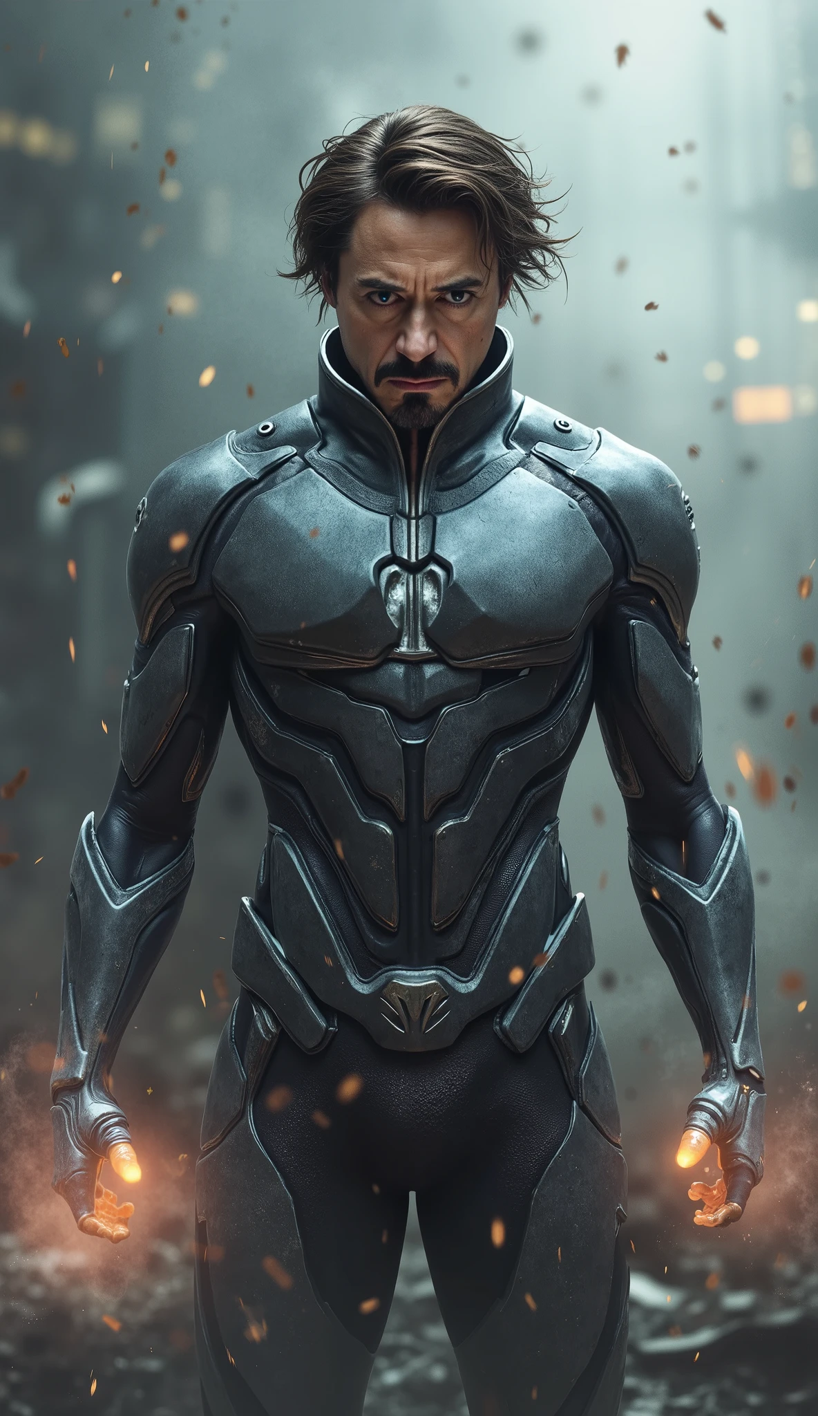 Robert Downey Jr. like Smoke would be a stylish vision full of mystery !
Imagine Robert Downey Jr. wearing the gray and black stealth costume of Smoke , with metallic details that reflect light in a subtle way . His face is partially covered by a technological mask , but his expressive eyes still carry that sarcastic and intelligent look characteristic of the actor. Your hair is a bit messy , giving a rebellious touch to the cyborg ninja .
The dense smoke surrounds you , spreading through the environment as if she were alive , by hiding its movements and making it even more more menacing . Your hands shine with energy , preparing a devastating attack , while in the background we see a dystopian scenario , perhaps a devastated battlefield or a secret advanced technology base .
If that vision pleases you , Can I create an image to bring this idea to reality !