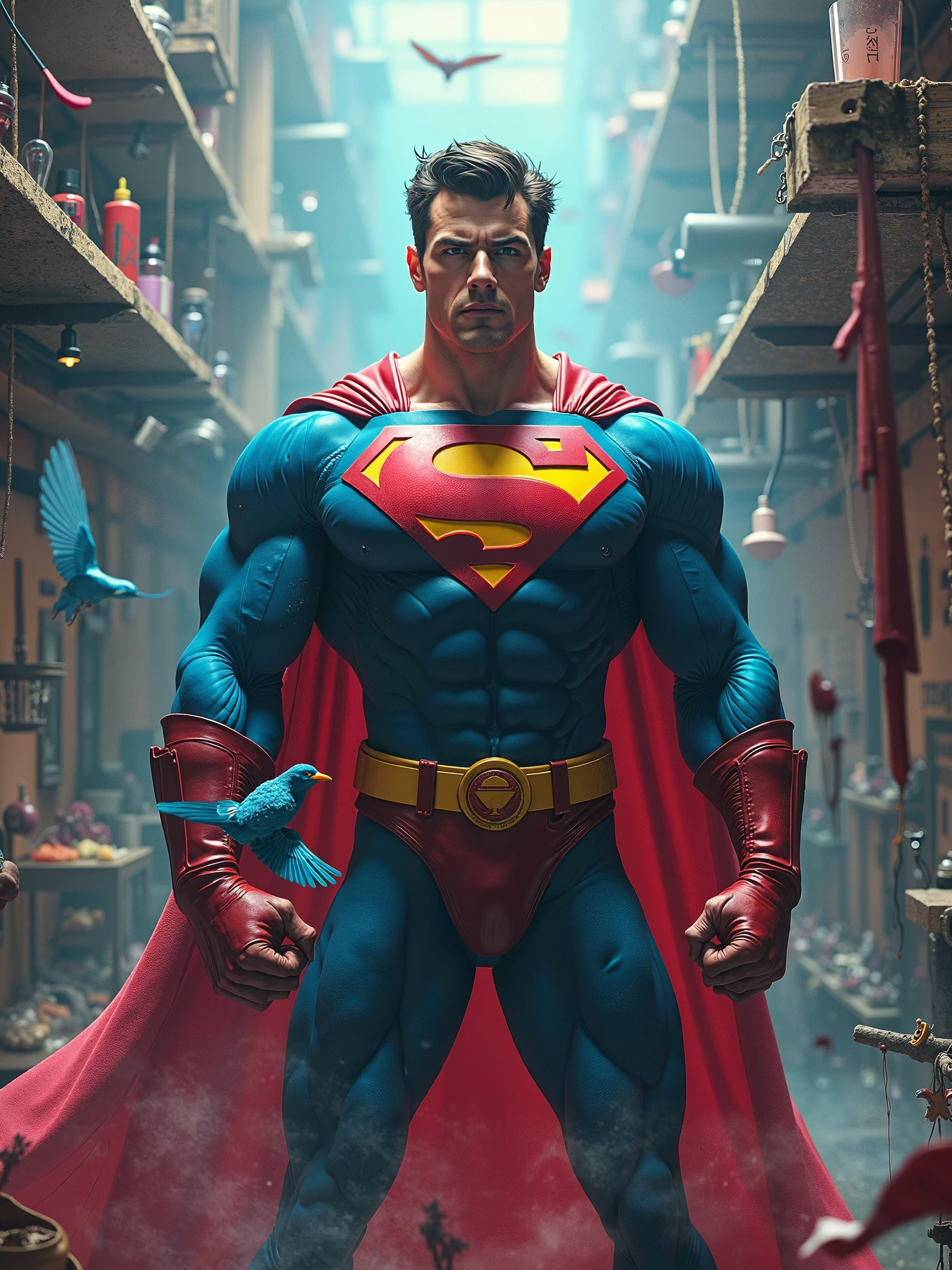 1 man full body fully shaven black hair blue eyes huge muscular 13 big thick penis large testicles greeting the viewer superman costume age 18 morning