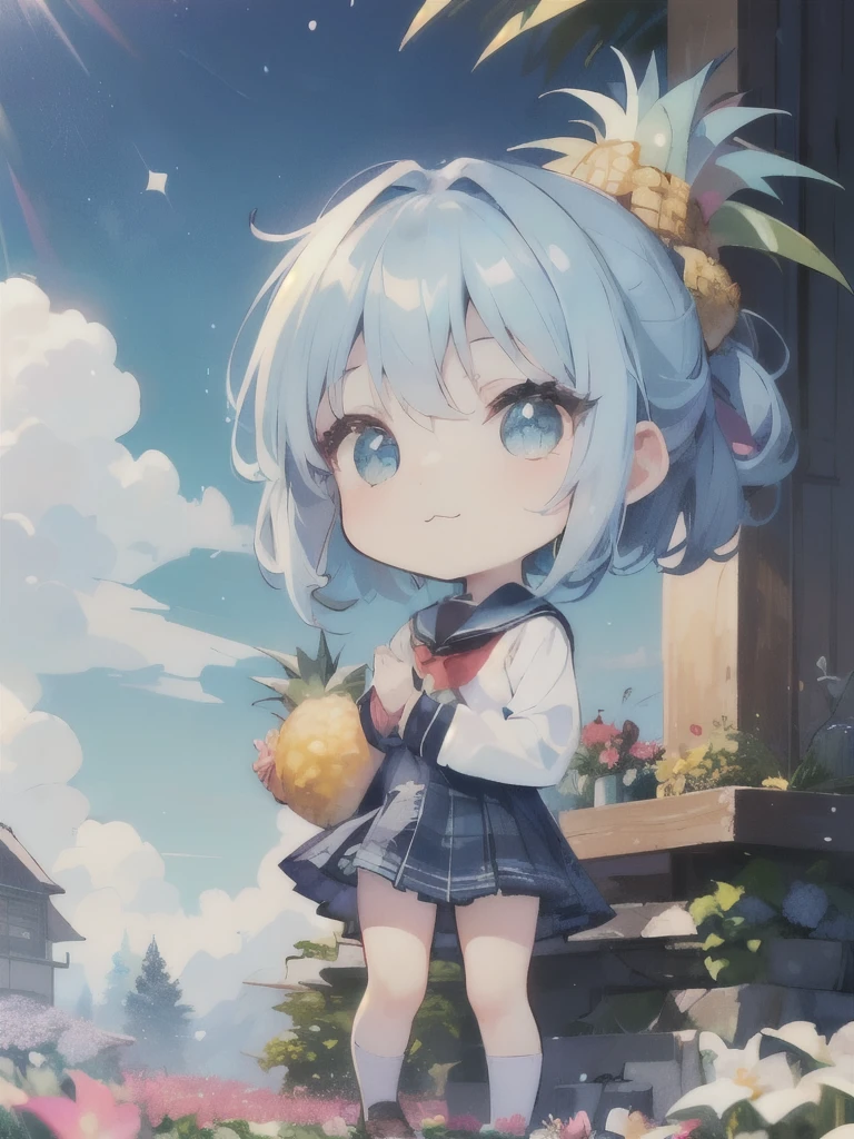 ( Masterpiece、 Fresh Pineapple:1.3)、( top quality、beautiful anatomy、 Anime Moe 、Chibi Body、Sharp Face、 Read more、 light-reflecting skin、 white skin、 Delicately Drawn Fingers :1.2)、( light blue hair color 、 Short Chignon Hair 、gold、Eyes、:3、 stupid hair :1.3)、(winter school uniform style、 plaid skirt:1.3)、( Pineapple Objects、Look up at the sky、Clap Your Hands 、Winter Scenery、Flower Field、Sparkling garden:1.2)