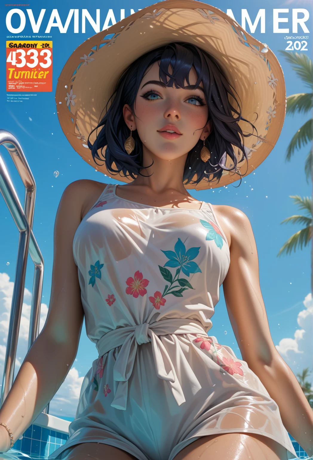 Swimsuit magazine cover, young irish ginger woman, pale skin:1.4, freckles, slim:1.4, , floral pattern swimsuit, flat chest:1.3, perfect body, green eyes, thigh gap:1.3, smile