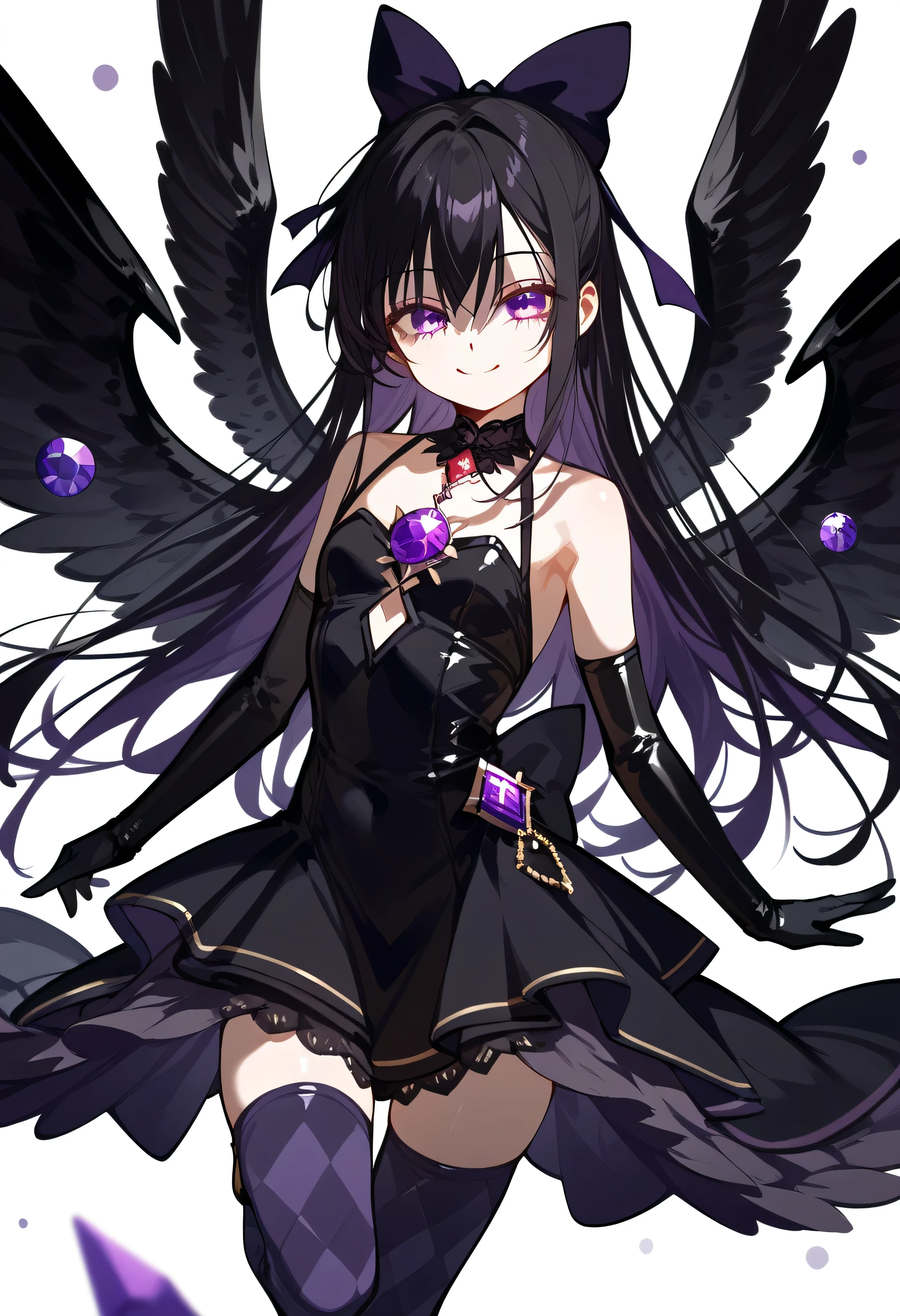 1girl, akuma homura, solo, long hair, wings, gloves, elbow gloves, black hair, smile, purple eyes, thighhighs, black gloves, argyle legwear, argyle, bare shoulders, looking at viewer, dress, soul gem, hair bow, bow, choker, feathered wings, white background, zettai ryouiki, simple background, black wings, masterpiece, best quality, late, evil smile,shaded face(eyes in shadow),latex