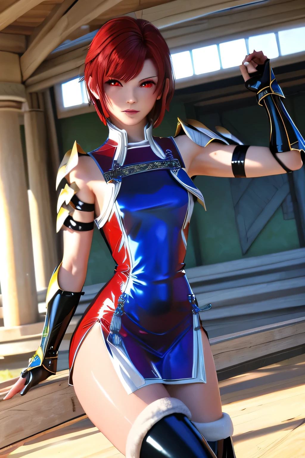 perfect anatomy top quality, highest resolution,(((shiny latex short dress Shiny red hair Shiny Shoulder Armor Shiny Gauntlets short hair red eyes shiny skin Shiny Thigh-High Boots ))) Hinoka horse riding Riding a White Horse