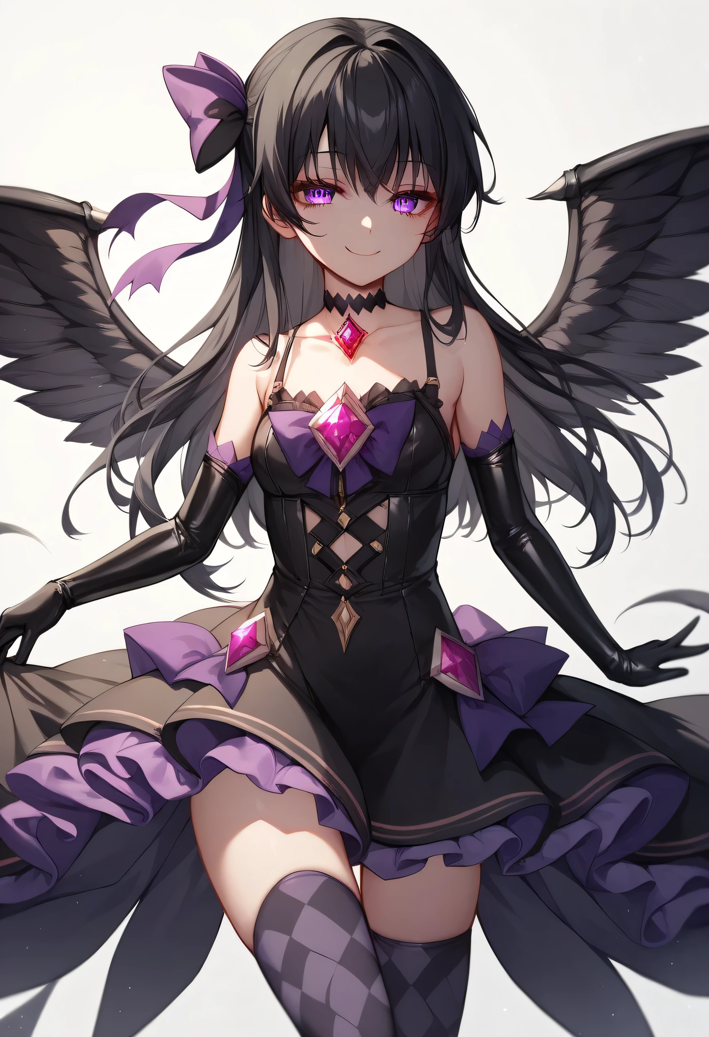 1girl, akuma homura, solo, long hair, wings, gloves, elbow gloves, black hair, smile, purple eyes, thighhighs, black gloves, argyle legwear, argyle, bare shoulders, looking at viewer, dress, soul gem, hair bow, bow, choker, feathered wings, white background, zettai ryouiki, simple background, black wings, masterpiece, best quality, late, evil smile,shaded face(eyes in shadow),latex