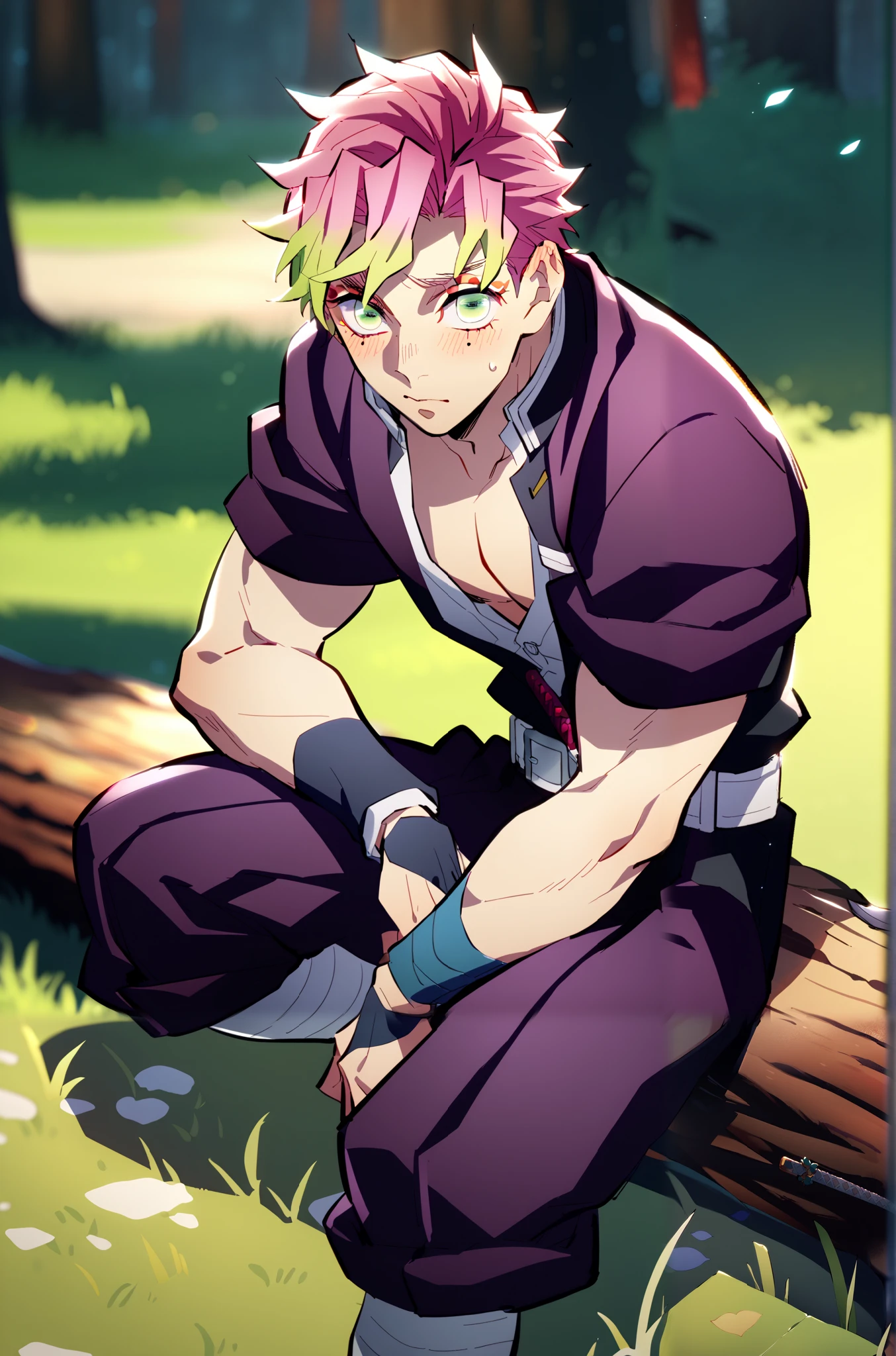1boy, solo, male m1tsur1kanr0j1, pink hair, multicolored hair, short hair, green eyes, mole under eye, toned male, ninja clothes, katana, beautiful man, makeup, blushing, sitting on a fallen log in a forest, sexy