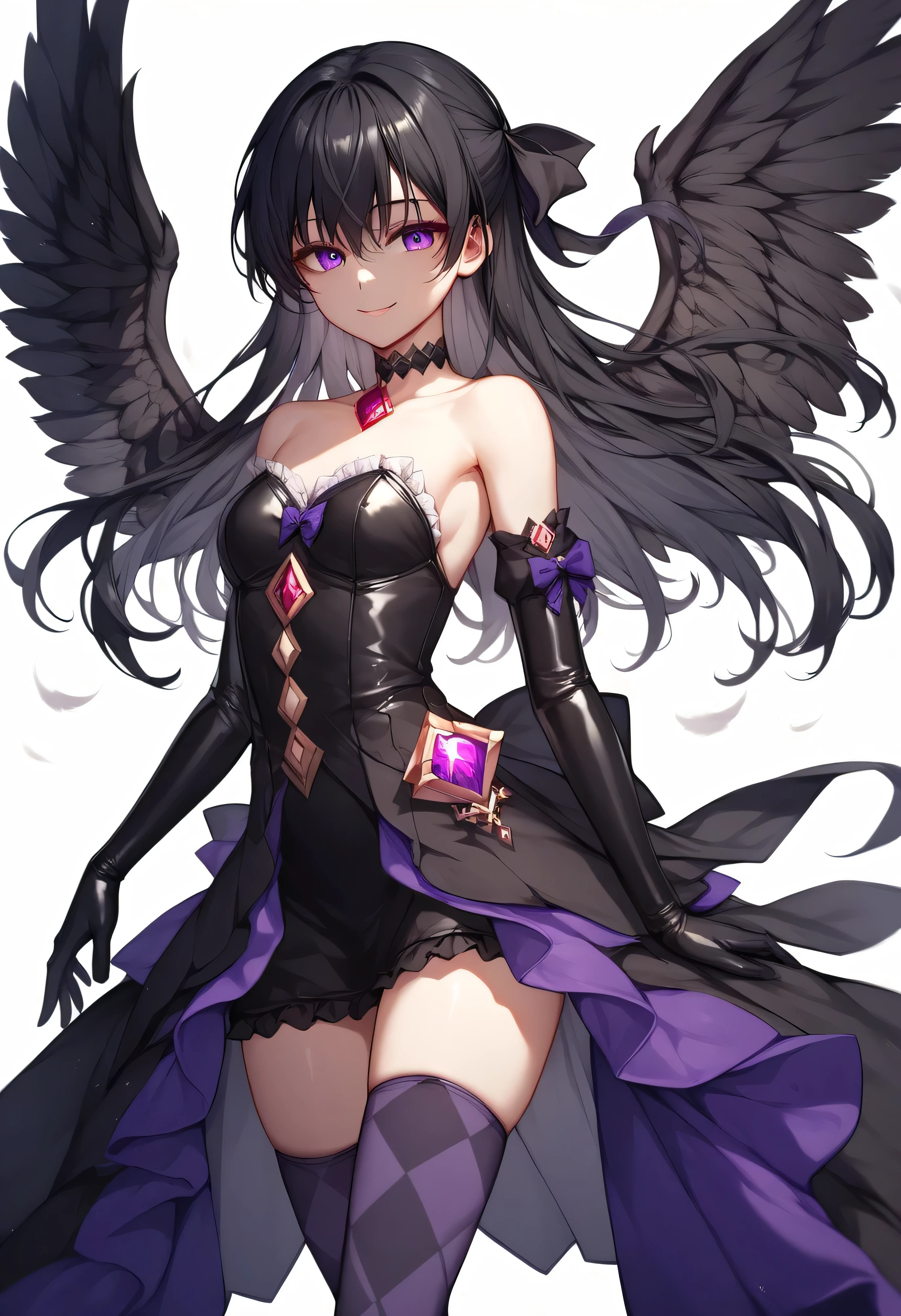 1girl, akuma homura, solo, long hair, wings, gloves, elbow gloves, black hair, smile, purple eyes, thighhighs, black gloves, argyle legwear, argyle, bare shoulders, looking at viewer, dress, soul gem, hair bow, bow, choker, feathered wings, white background, zettai ryouiki, simple background, black wings, masterpiece, best quality, late, evil smile,shaded face(eyes in shadow),latex