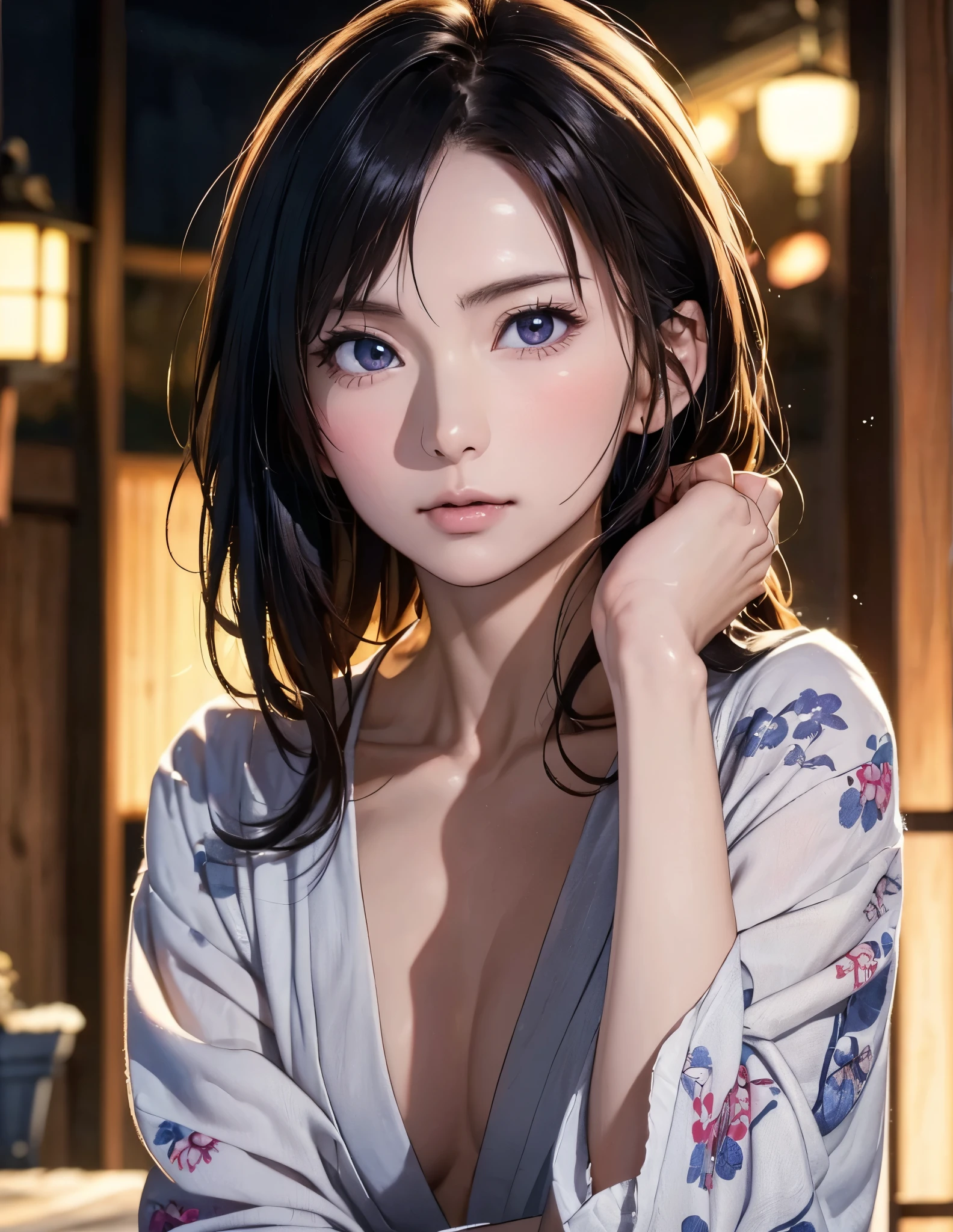 A girl with dark blue hair, red eyes, fair skin tone, slender and athletic built, nude, (masterpiece), (best quality), (ultra-detailed)