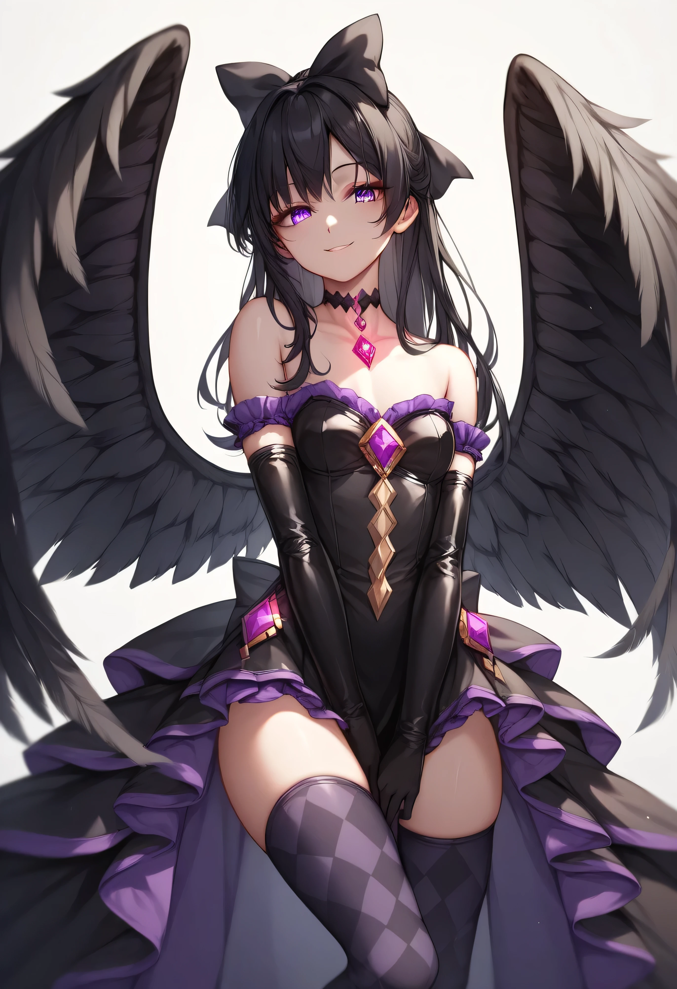 1girl, akuma homura, solo, long hair, wings, gloves, elbow gloves, black hair, smile, purple eyes, thighhighs, black gloves, argyle legwear, argyle, bare shoulders, looking at viewer, dress, soul gem, hair bow, bow, choker, feathered wings, white background, zettai ryouiki, simple background, black wings, masterpiece, best quality, late, evil smile,shaded face(eyes in shadow),latex