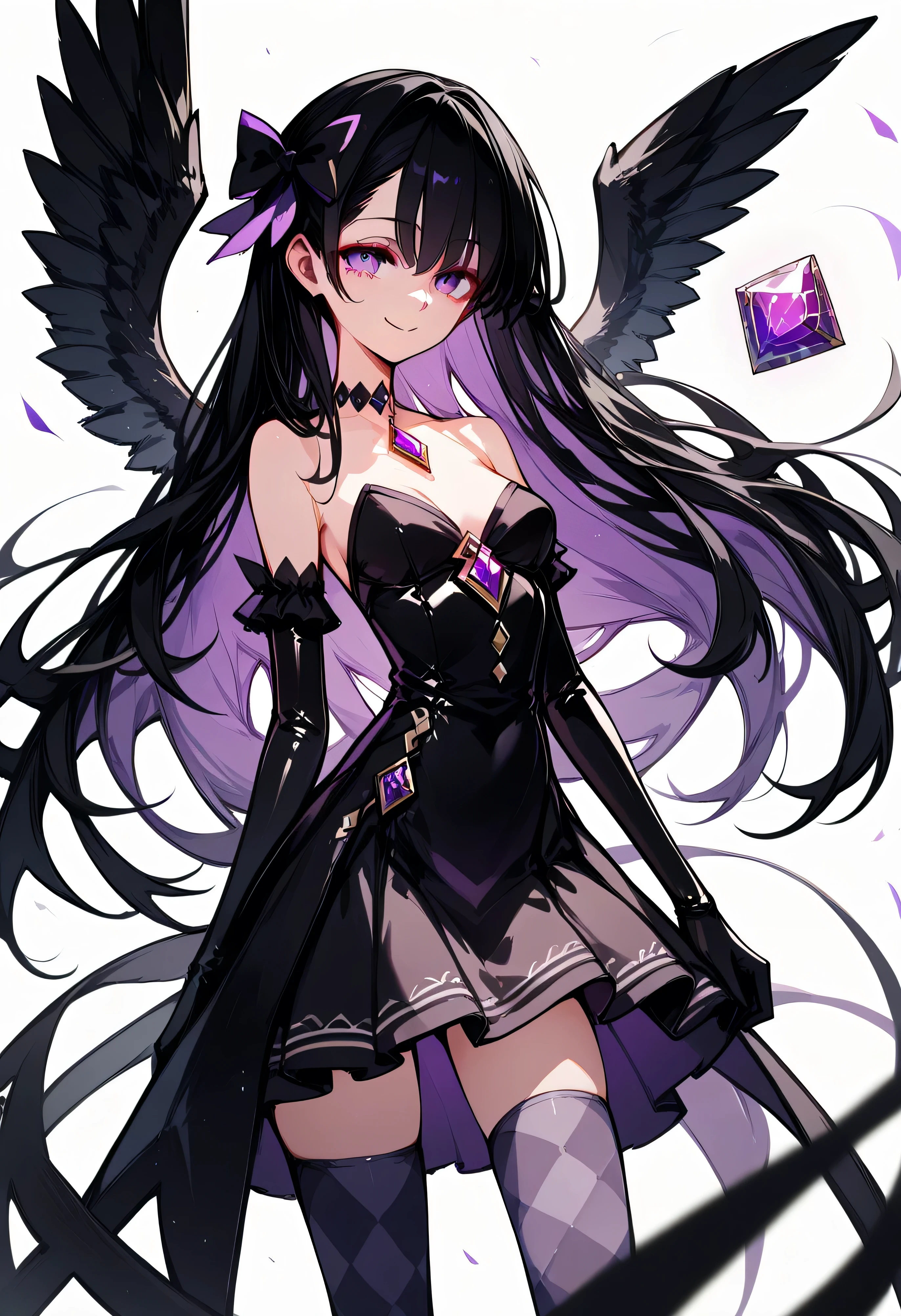 1girl, akuma homura, solo, long hair, wings, gloves, elbow gloves, black hair, smile, purple eyes, thighhighs, black gloves, argyle legwear, argyle, bare shoulders, looking at viewer, dress, soul gem, hair bow, bow, choker, feathered wings, white background, zettai ryouiki, simple background, black wings, masterpiece, best quality, late, evil smile,shaded face(eyes in shadow),latex