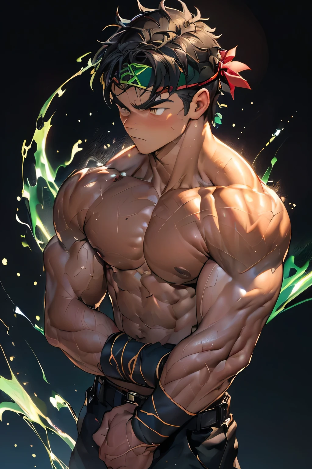 ((masterpiece, best quality, dynamic angle, dynamic pose, acrobatic pose)), (((((Black Background, Dark night, (Depth of field:1.2), combat:1.2, fighting pose:1.2, upper body, Fist bump:1.2))))), (1 boy, Young guy, muscler, Shirtless, topless), ((((Wounded, exhausted, relax, 1boy, solo, tough, reliable, steam, arched back:1.2)))), (Dark Short straight hair, ((almost completely shaved hair)), under cut, Glossy skin), (((red headband, black wristband, belt))), Vivid colors, ((big breast, big shoulder, muscular body, sturdy body, defined round and fleshy pecs, defined round and fleshy ABS, defined round and fleshy armsmuscular, well-defined muscles, developed body, toned body, shouldermuscler)), muscler!, muscler body, detailed face, detailed muscle, (((rippling muscles, Flowing energy, wearing wind to emphasize the power of his aura, Highlight his aura, blue and green aura effect, wearing energy stream, athretic body)))