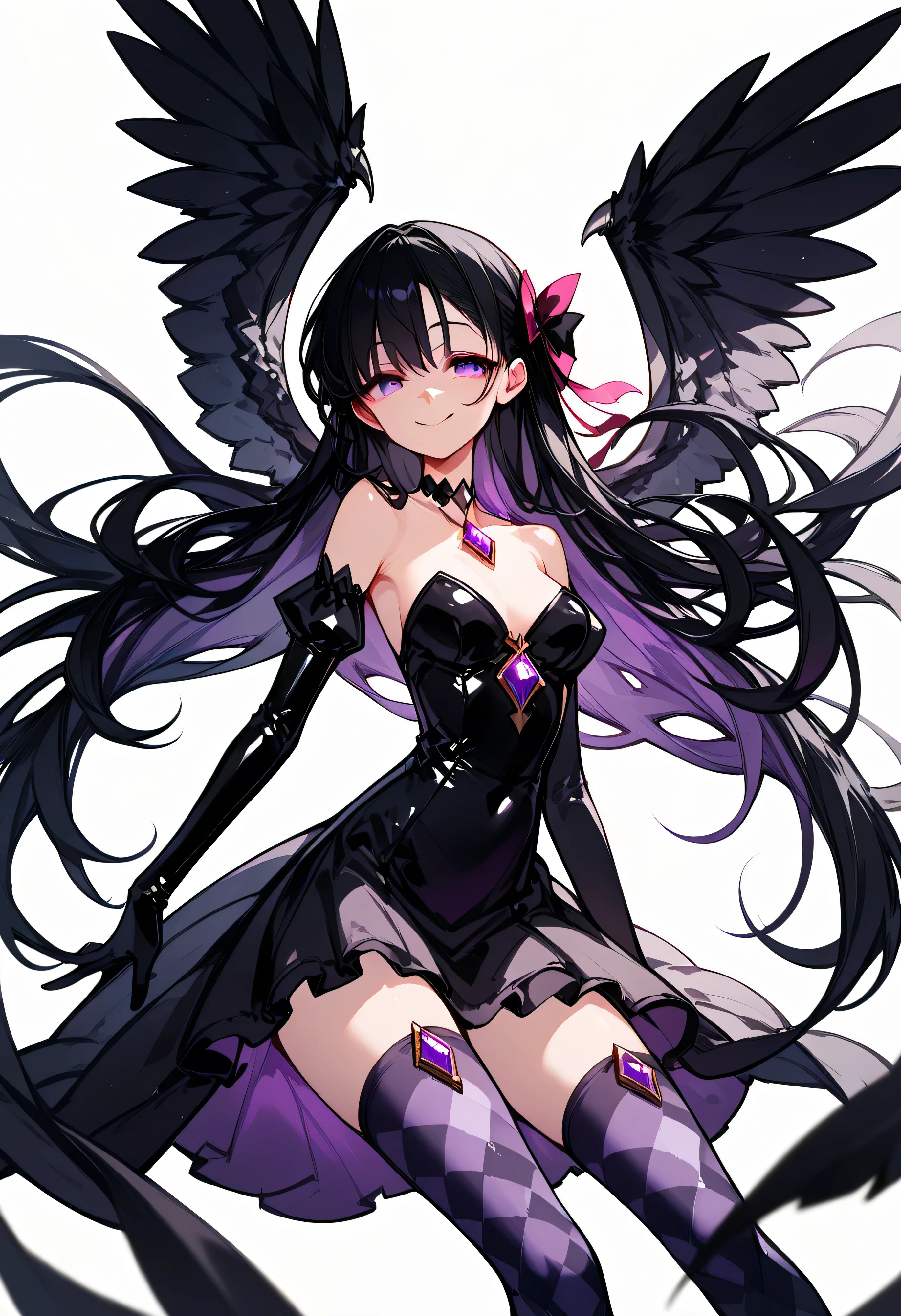 1girl, akuma homura, solo, long hair, wings, gloves, elbow gloves, black hair, smile, purple eyes, thighhighs, black gloves, argyle legwear, argyle, bare shoulders, looking at viewer, dress, soul gem, hair bow, bow, choker, feathered wings, white background, zettai ryouiki, simple background, black wings, masterpiece, best quality, late, evil smile,shaded face(eyes in shadow),latex
