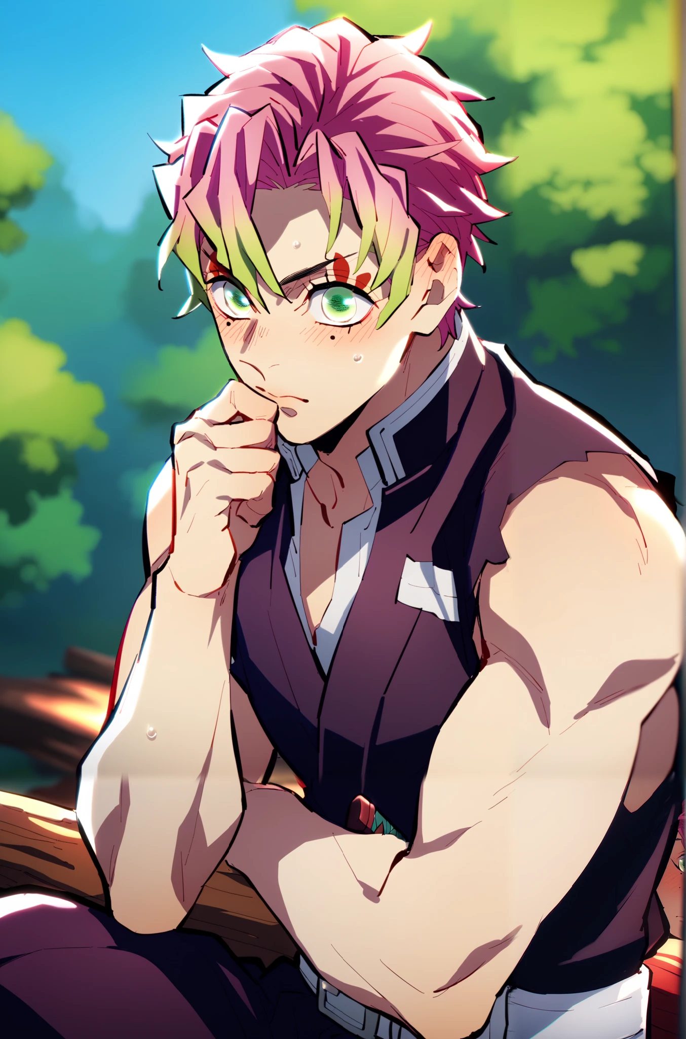 1boy, solo, male m1tsur1kanr0j1, pink hair, multicolored hair, short hair, green eyes, mole under eye, toned male, ninja clothes, katana, beautiful man, makeup, blushing, sitting on a fallen log in a forest, sexy