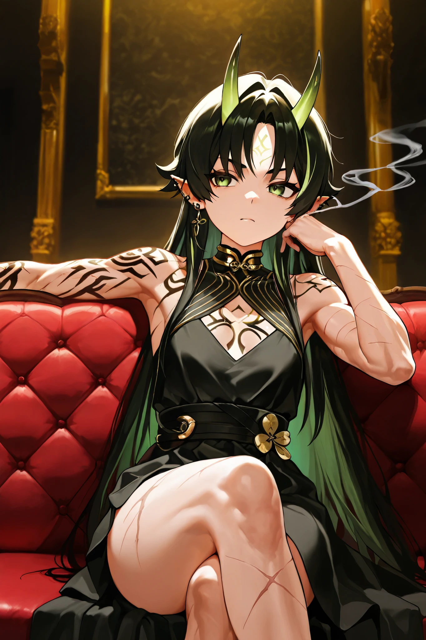 Anime panel ,Oni 18 year old girl, Korean, fair skin,angular face, BLACK hair is characterized by a voluminous and textured top, , shaved or shorter sides and an elongated back., defined body, brinco e piercings,small pointy ears, happy expression,Green and serious eyes, with scars and gold metal tattoo, Gothic style , muscular, highlighted metallic accessories, inspirado em Wuthering Waves, black dress, smoking, serious eyes , chest marking, sitting on the couch, Luxurious living room background at night