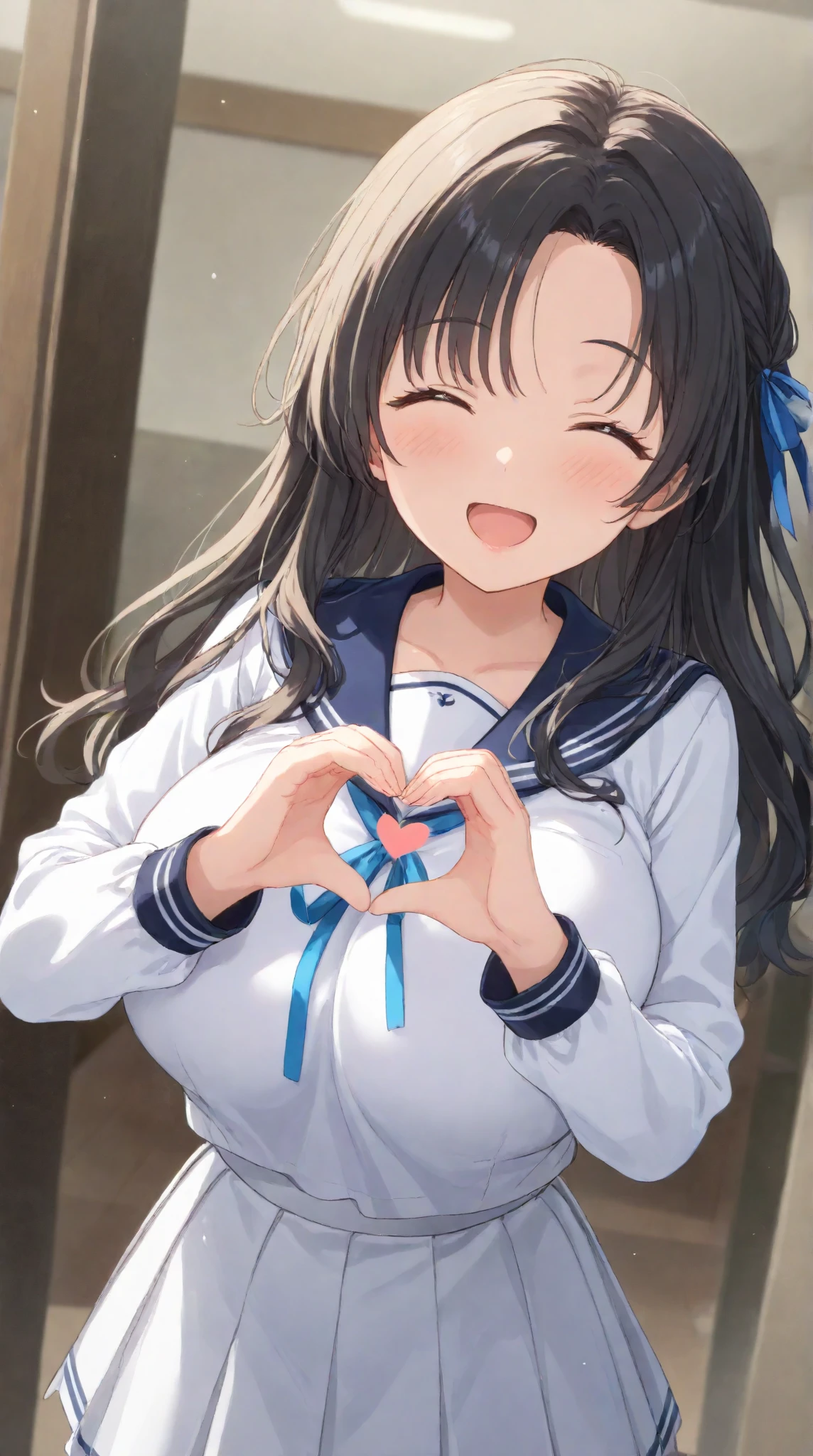 beauty　smile　Embarrassed　blush　Sweat　Get wet　Sailor suit　Pure white underwear　Big Breasts　pubic hair　classroom　The wind blows my skirt　Heart Hands　stand　Photograph the whole body　Shooting from below