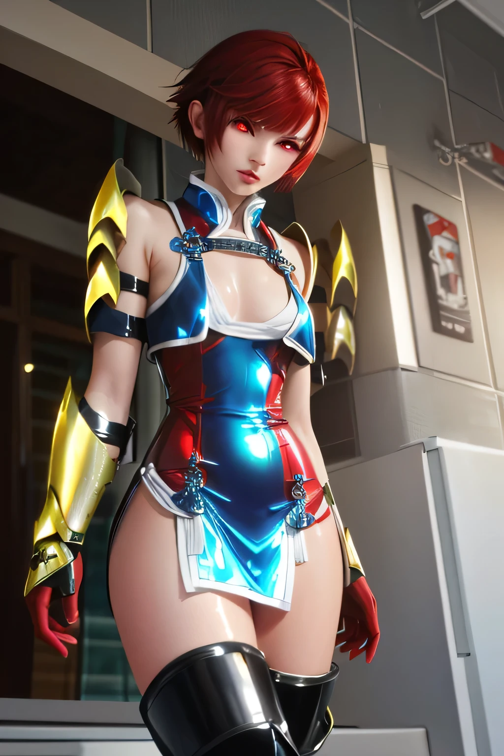 perfect anatomy top quality, highest resolution,(((shiny latex short dress Shiny red hair Shiny Shoulder Armor Shiny Gauntlets short hair red eyes shiny skin Shiny Thigh-High Boots flat chest))) Hinoka