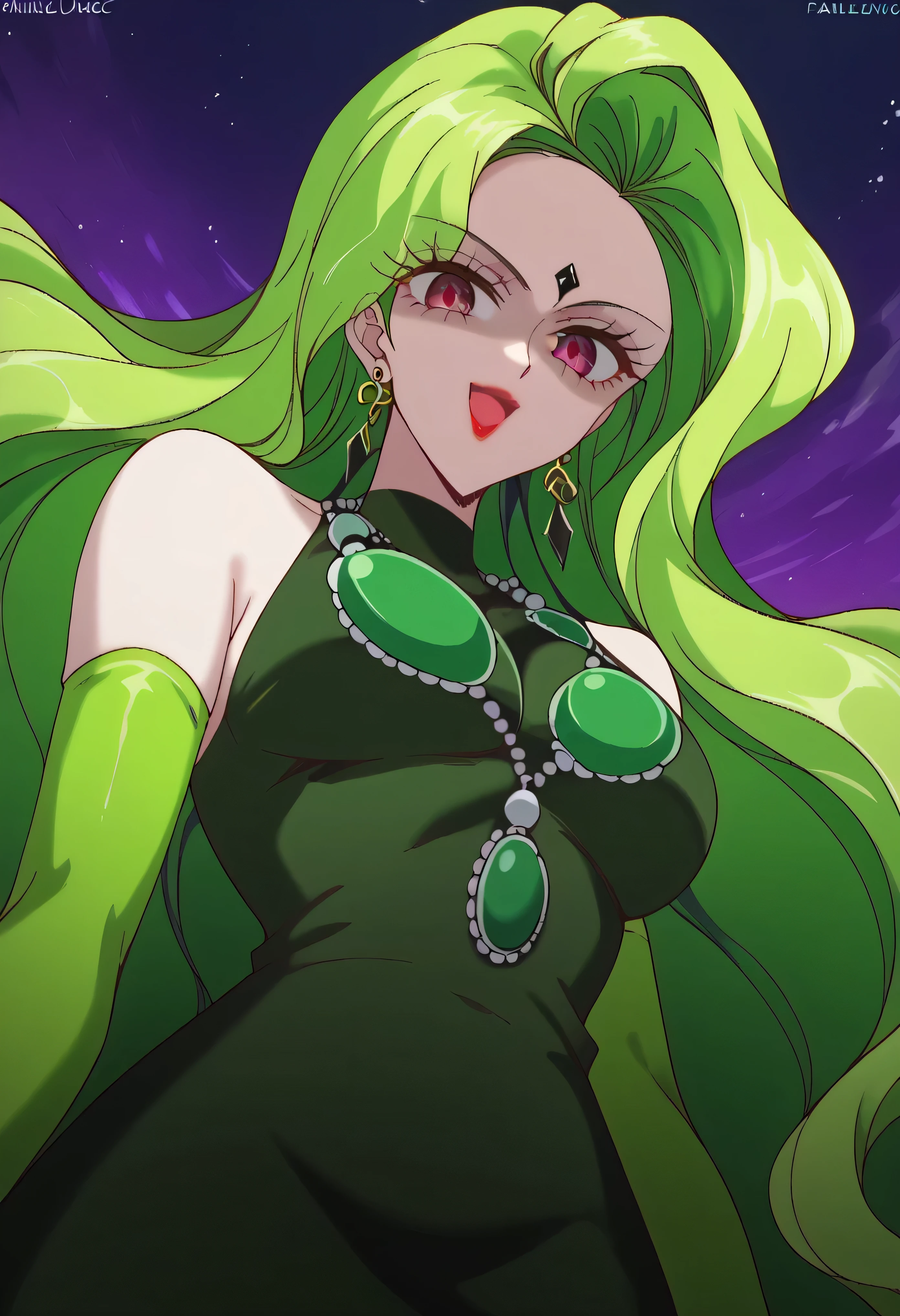 1 girl, cute face, green hair, very long hair, wavy hair, latex alone, gloves, red lipstick, makeup, elbow-length gloves, eye shadow, bare shoulders,shiny  latex black dress, gem necklace,gigant amethyst earrings, black and purplebackground,very evil laugh out loud,Shaded face(eyes in shadow), dark aura, open your mouth wide,Strong Malice 、Laughter that's too wicked、Self-conceit,from below,looking down at viewer,